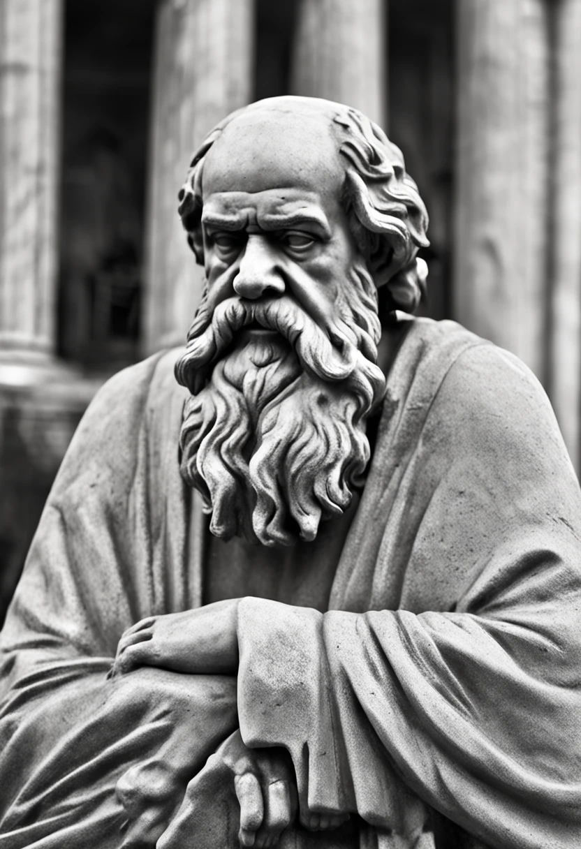 statue of Socrates Absurd image of the real, profeta velho maduro, romano antigo, ensindo pedra, roupas da epoca Romana, CALVO, barba branca, olhar penetrante,,Foto em preto e branco de um homem com barba e bigode