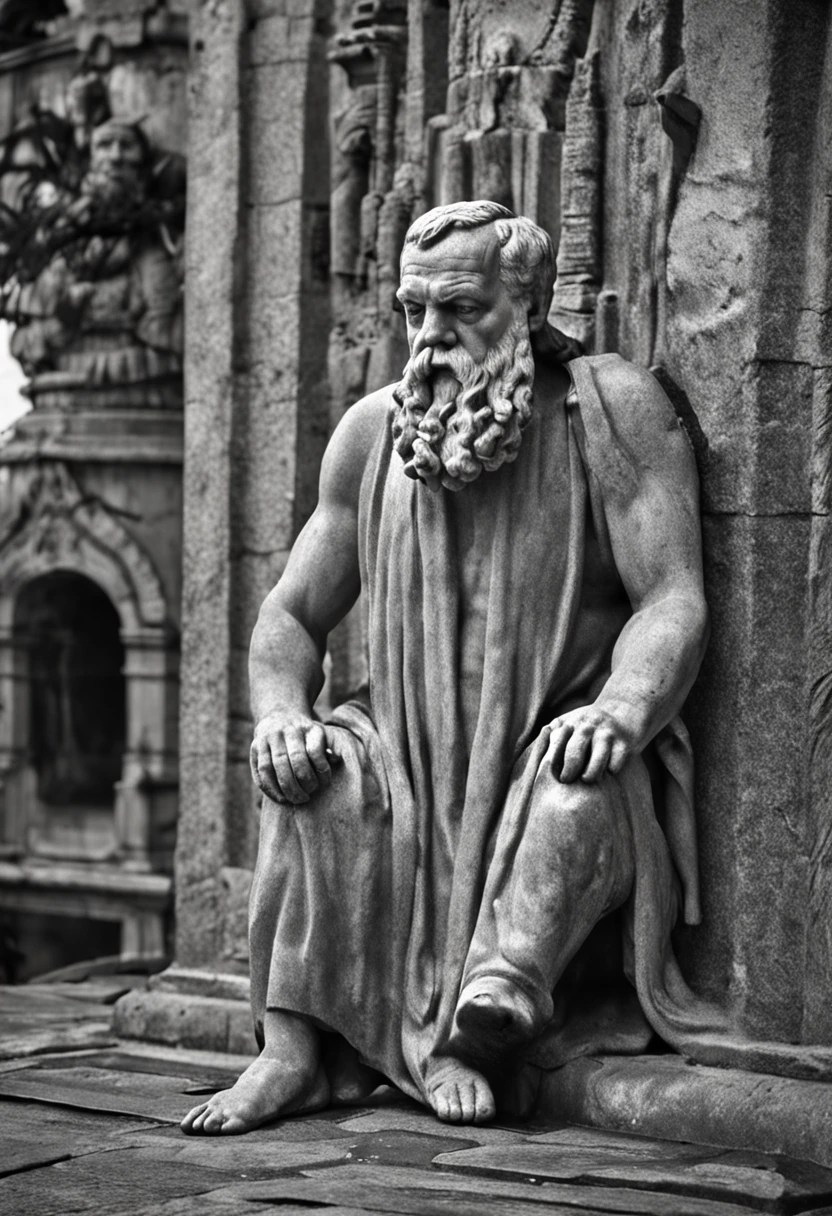 statue of Socrates Absurd image of the real, profeta velho maduro, romano antigo, ensindo pedra, roupas da epoca Romana, CALVO, barba branca, olhar penetrante,,Foto em preto e branco de um homem com barba e bigode
