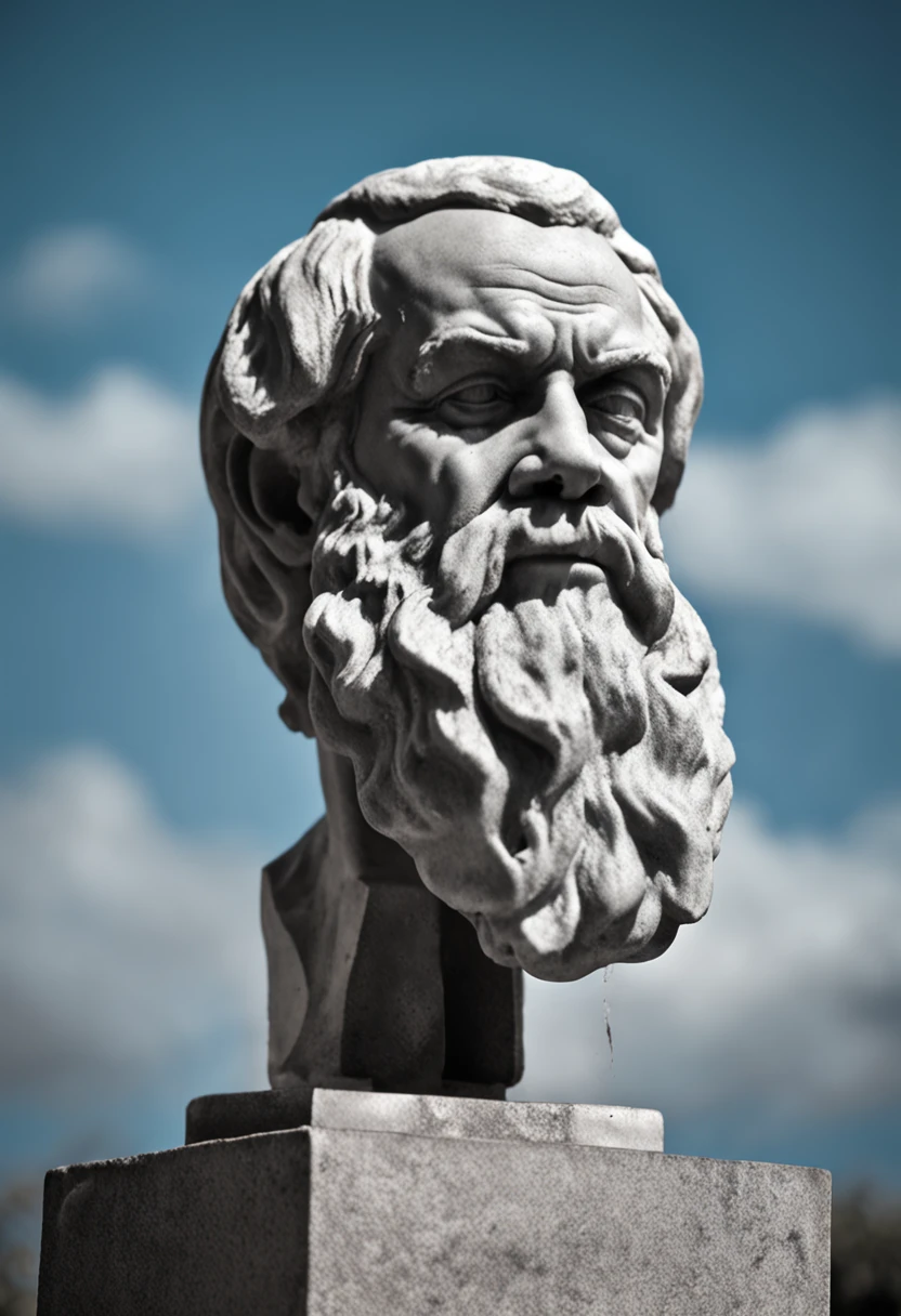 statue of Socrates Absurd image of the real, profeta velho maduro, romano antigo, ensindo pedra, roupas da epoca Romana, CALVO, barba branca, olhar penetrante,,Foto em preto e branco de um homem com barba e bigode