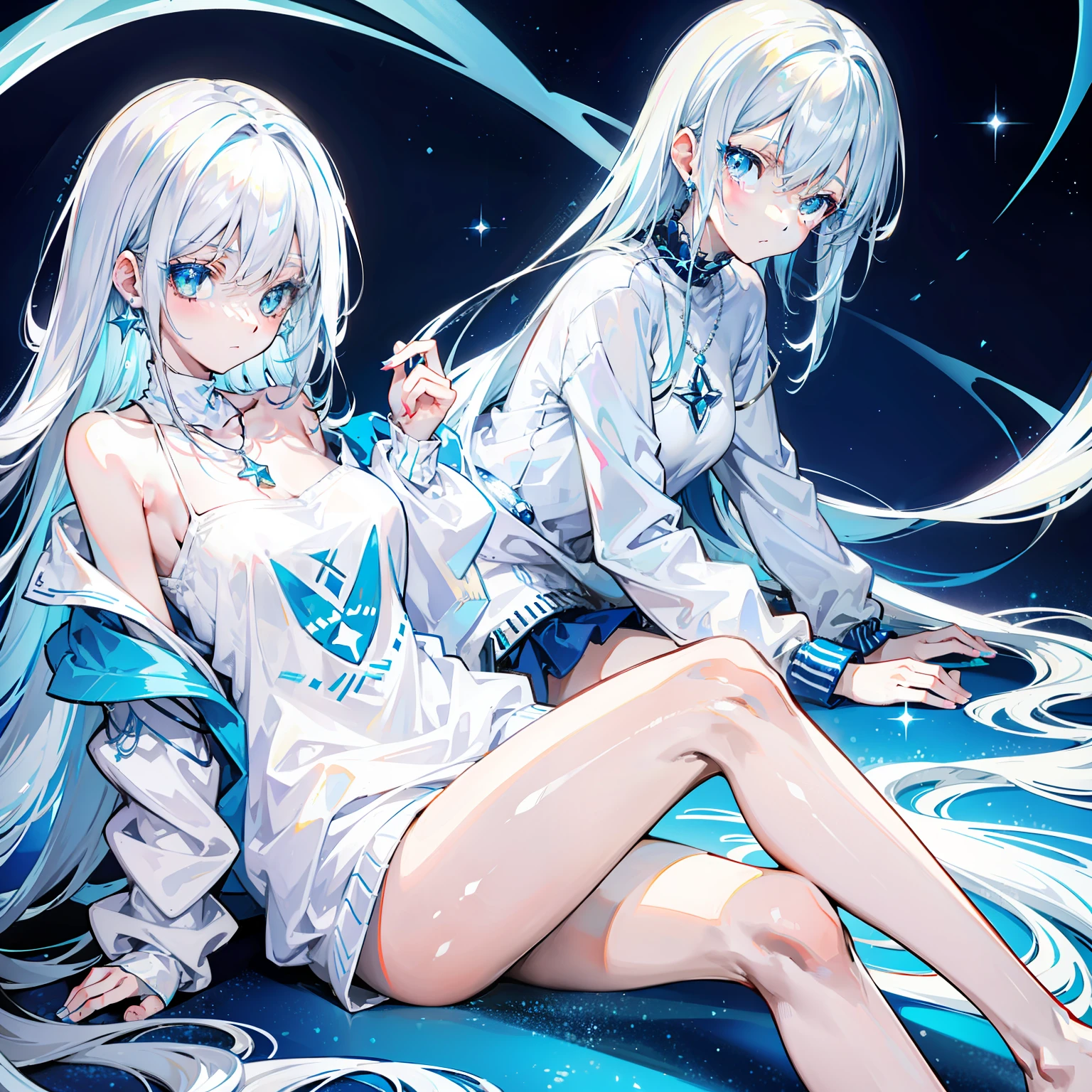 Long light blue and white hair,A silver necklace that shines like a star,Delicate makeup and glossy face,rcasual, Loose and simple cream sweatshirt,Slim and smooth legs,is a sweet girl