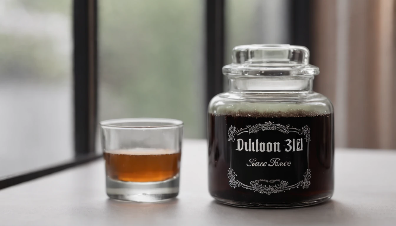 A dark, compact bar that exhibits a deep, almost black hue. Its surface is smooth and shiny to the touch, reflecting light smoothly. When you break a piece, it breaks away with a crisp sound, revealing a dense, opaque interior, highly detailed in a delicate glass jar with fancy details, 4k.