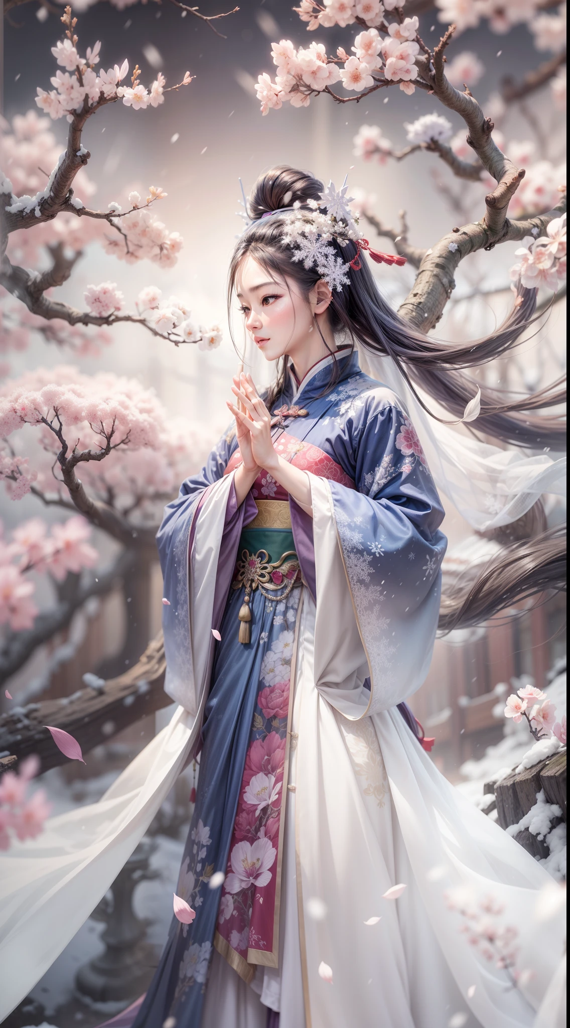 (Blurred foreground:snowflakes falling:2.0,),(Plum petals fall:1.6),(Chinese Song dynasty beauties dancing),(Realistis,realisticlying,anatomy correct,Asian star face,ssmile,The fingers and face are very delicate and clear),(snow landscape:1.2,Stand in the middle of a quaint courtyard,Plum tree,Flowing winter clothes of the Song Dynasty), (Wind: 1.5),(wide angles,Ultra HD details,Masterpiece, hyper HD, Super detail, High details, Best quality, A high resolution, Award-Awarded, 8K),(Chinese premium color scheme,lightand shade contrast,电影灯光)