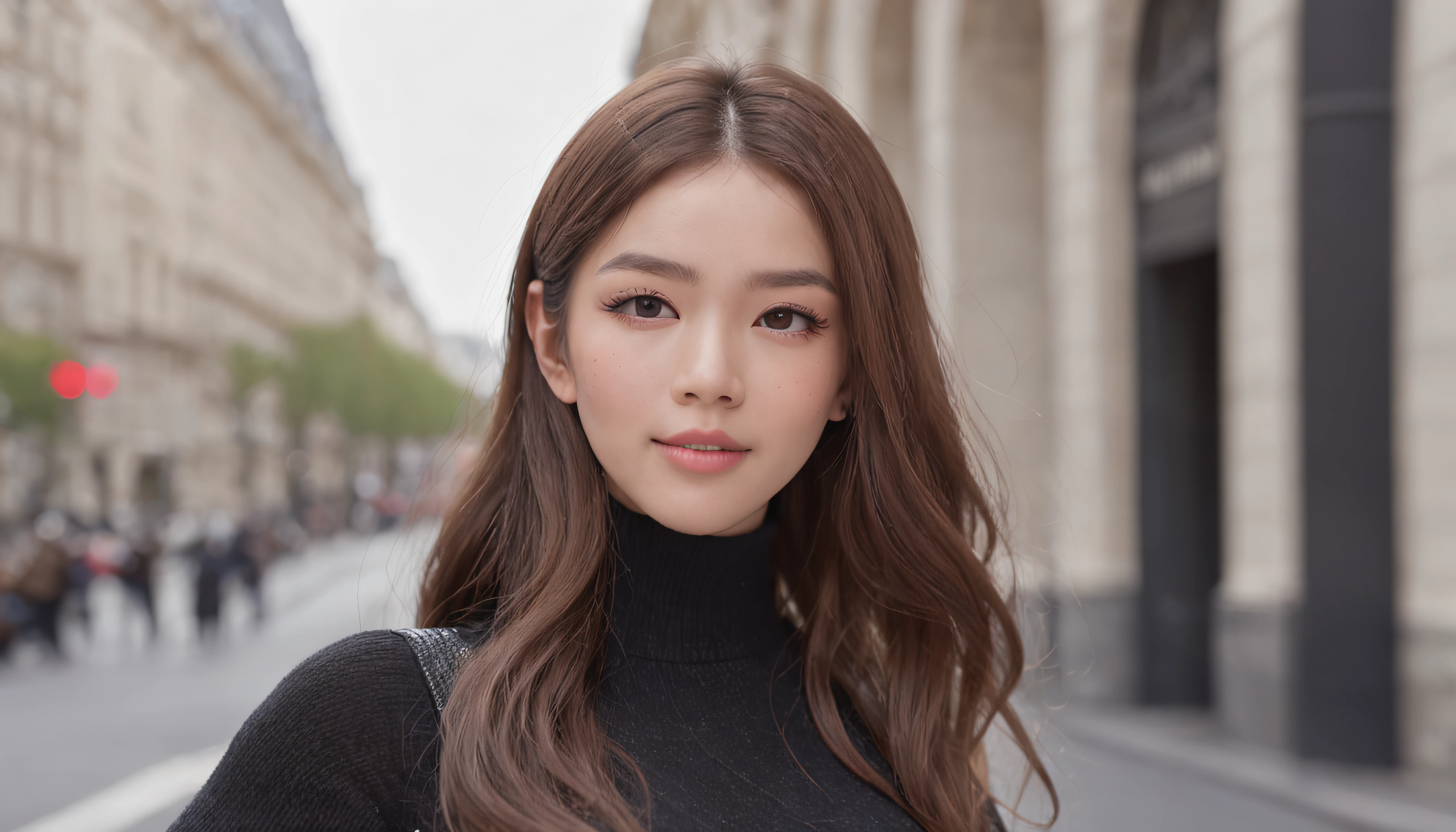(8K、top-quality、​masterpiece:1.2)、 (realisitic、Photorealsitic:1.37)、 ultra-detailliert、DJ Soda、 1 girl in、full body Esbian、Wearing a turtleneck sweater and skinny jeans、Stand in the streets of Paris with the Arc de Triomphe in the background、 cute little、独奏、 Beautiful detailed sky、 (A smile:1.15)、(Mouth closed)、 tiny chest、 beatiful detailed eyes、 (length hair:1.2)、 Floating Hair Novafrog Style、
