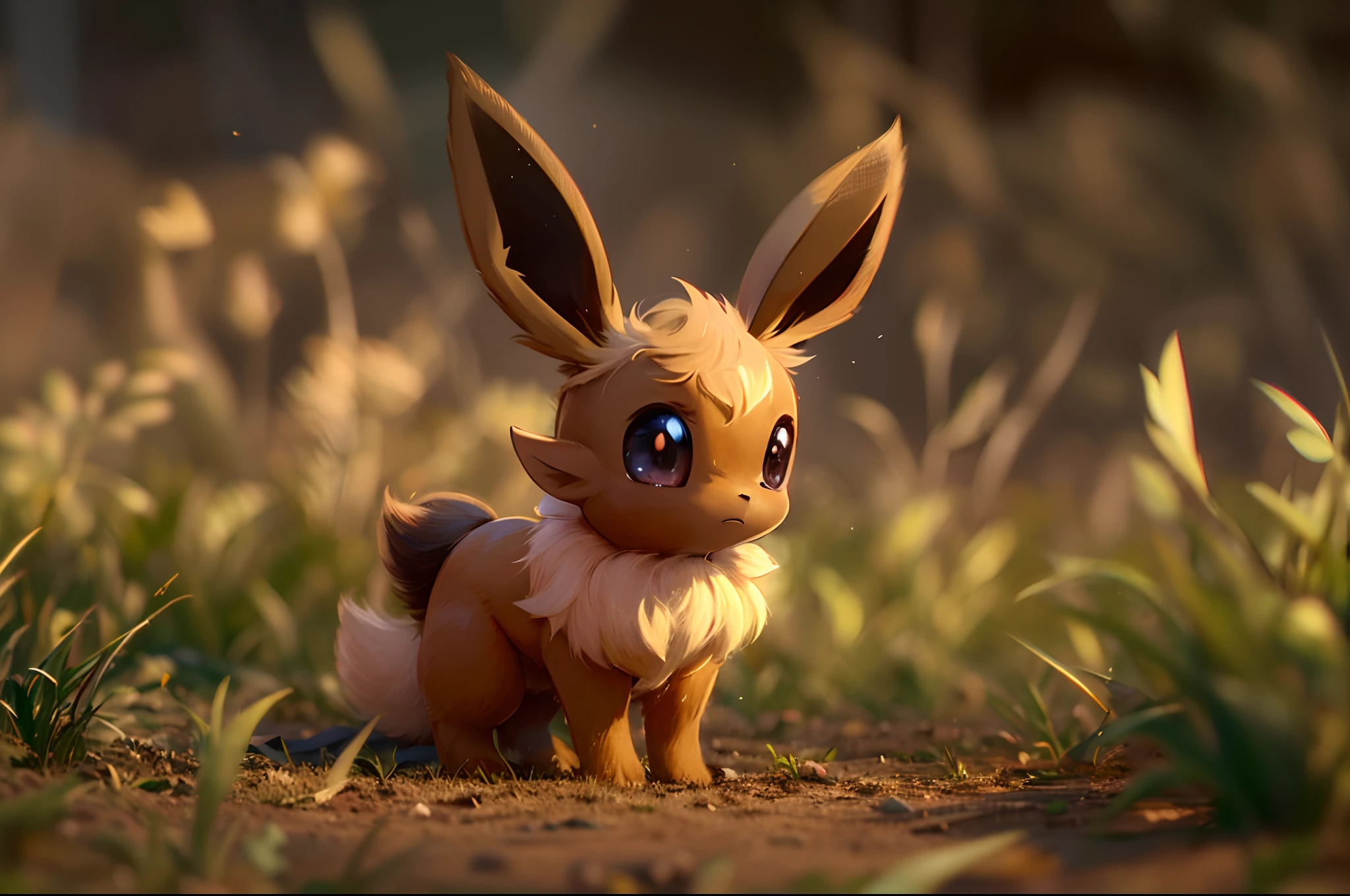 ((a eevee pokemon)), (general attribute), cute, play in the field,anime style, chiaroscuro, depth of field, cinematic lighting, god rays, ray tracing, reflection light, glowing light, from side, close-up, highres, masterpiece, best quality, highres, super detail, anatomically correct, UHD, textured skin