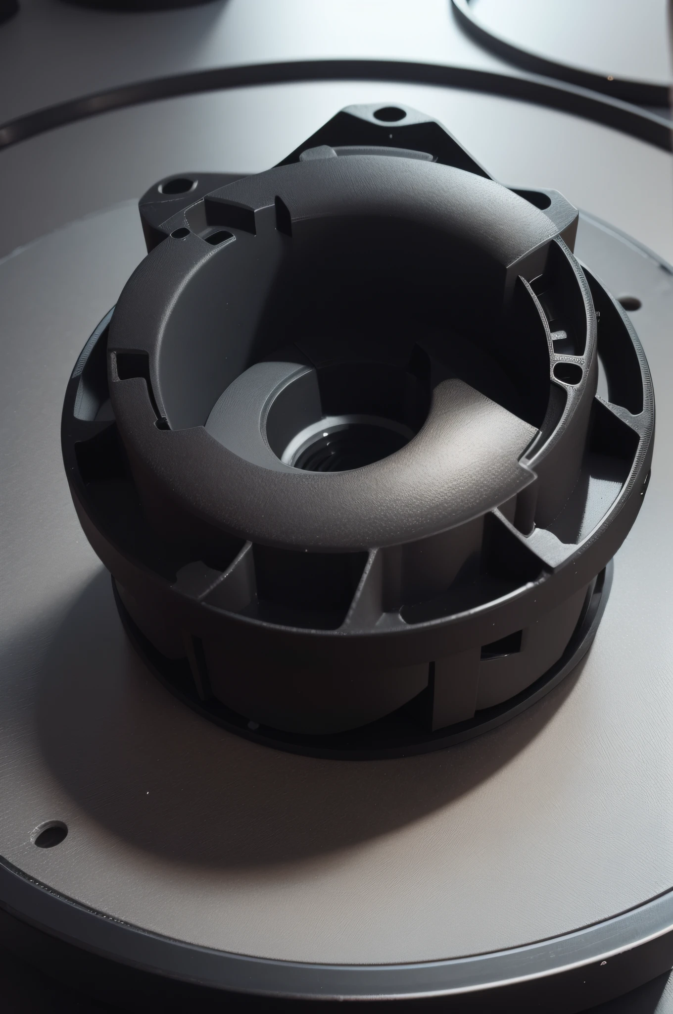 Plastic part in black color made in 3D printing, maquina industrial.
