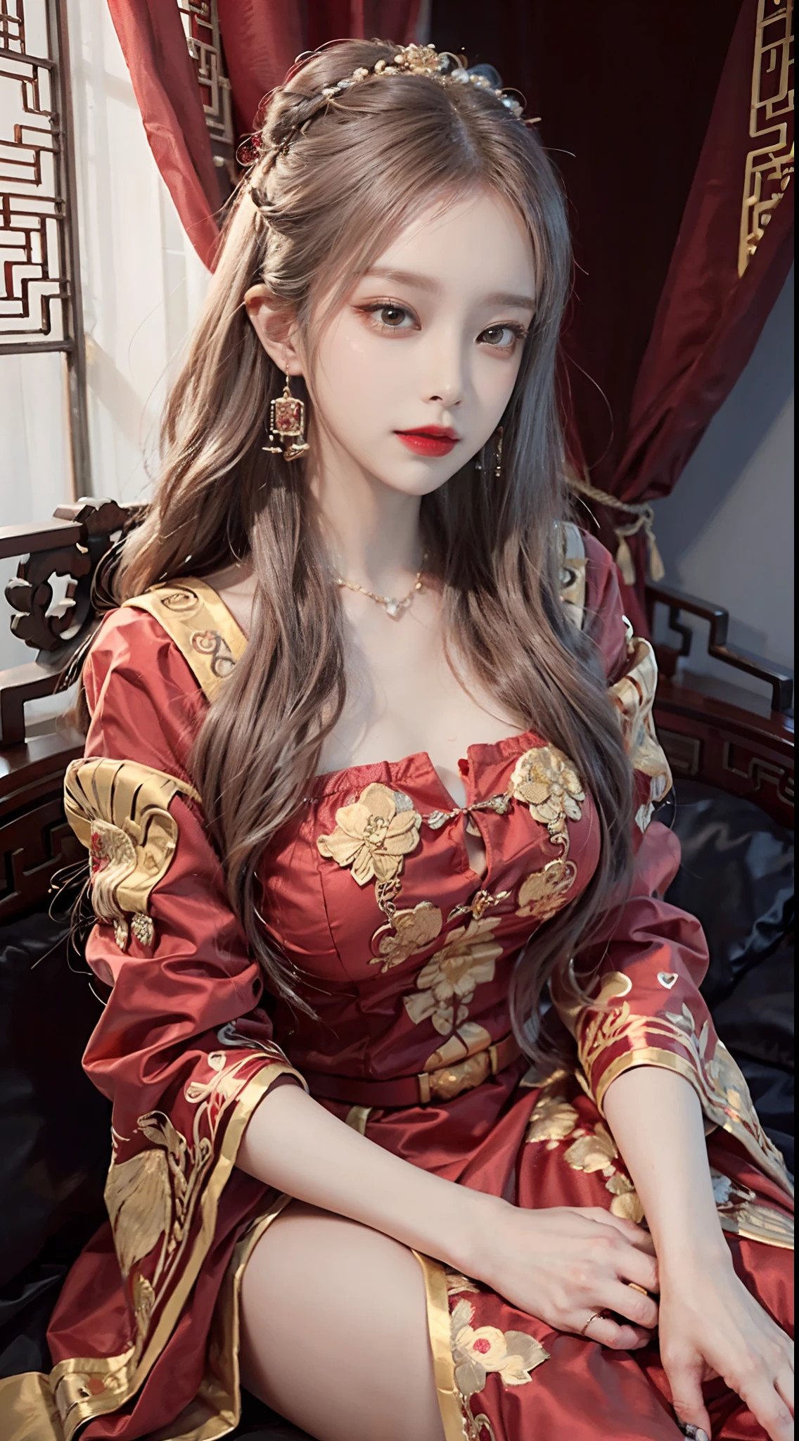 (Ultra-realistic 8k CG: 1.2), perfect artwork, delicate patterns, intricate details, (unparalleled masterpiece, best quality: 1.2), (extremely complex: 1.2), a woman in a red and gold dress, (sitting on a red bed), hips up, makeup, blush, shyness, white hair, looking down, cosmetics, (forehead point), (2 red candles), Chinese_clothes, curtains, earrings,hanfu, interior, jewelry, red nails, long_sleeves, red dress, red lips, tassels, (red quilt), (red palace: 1.2), (ancient Chinese architecture), (red: 1.8), night