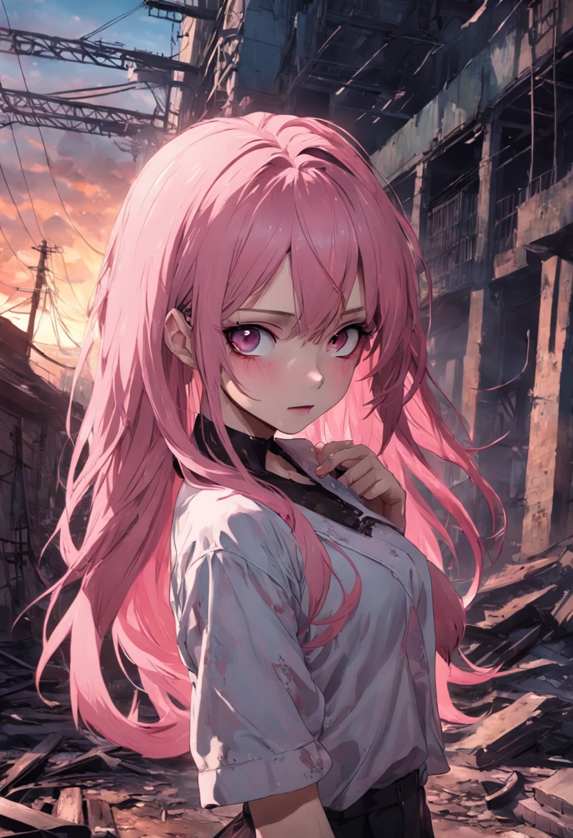 8k,Delicate facial features,ultra-clear,Pink Long Hair,Abandoned factory buildings,tattered torn shirt,blackstockings,Heavy makeup,Smoky makeup,eye shadows,self-shot,looking toward the viewer,ssmile,Tattooed with,cross necklace,the night,
