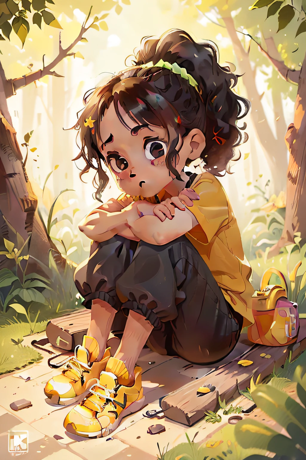 Cheerful, smart little girl, age 7, curly hair, ponytail, vibrant, curious eyes, black jumpsuit, yellow t-shirt, yellow sneakers, feeling sad and angry, sitting under the tree
