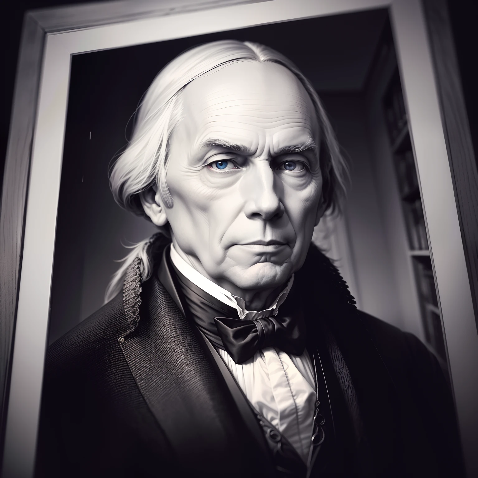 portrait of united states president James Madison, in front of a bookcase, shallow depth of field, high contrast, vibrant colors, captured with a Nikon D850 camera and a 1.8 85mm lens.