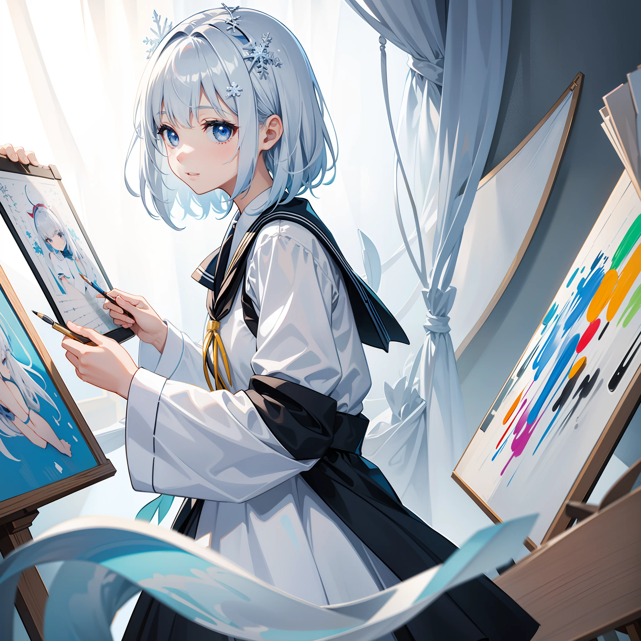 As soon as I walked in the door, I saw a short silver-white haircut,Girl with snowflake eyes,She had a snowflake hairpin stuck on her head,Very cute look,in school uniform,She enjoyed humming songs on the side,While painting,A look of enjoyment appears on his face,Very engaged in drawing on the drawing board,Surrounded by various painting tools and colored paints。