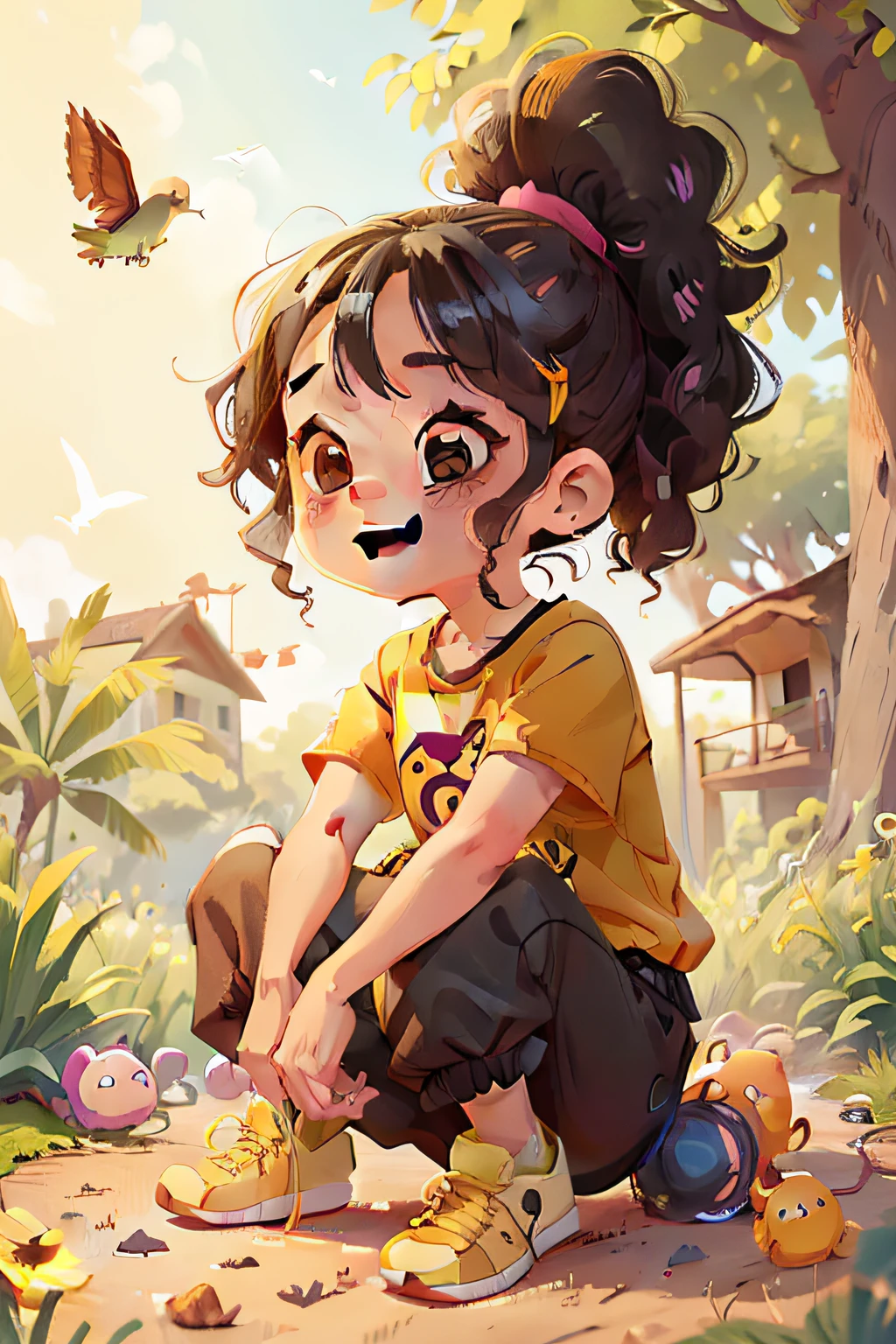 Cheerful, smart little girl, age 7, curly hair, ponytail, vibrant, curious eyes, black jumpsuit, yellow t-shirt, yellow sneakers, at the park, watching birds feeding their babies