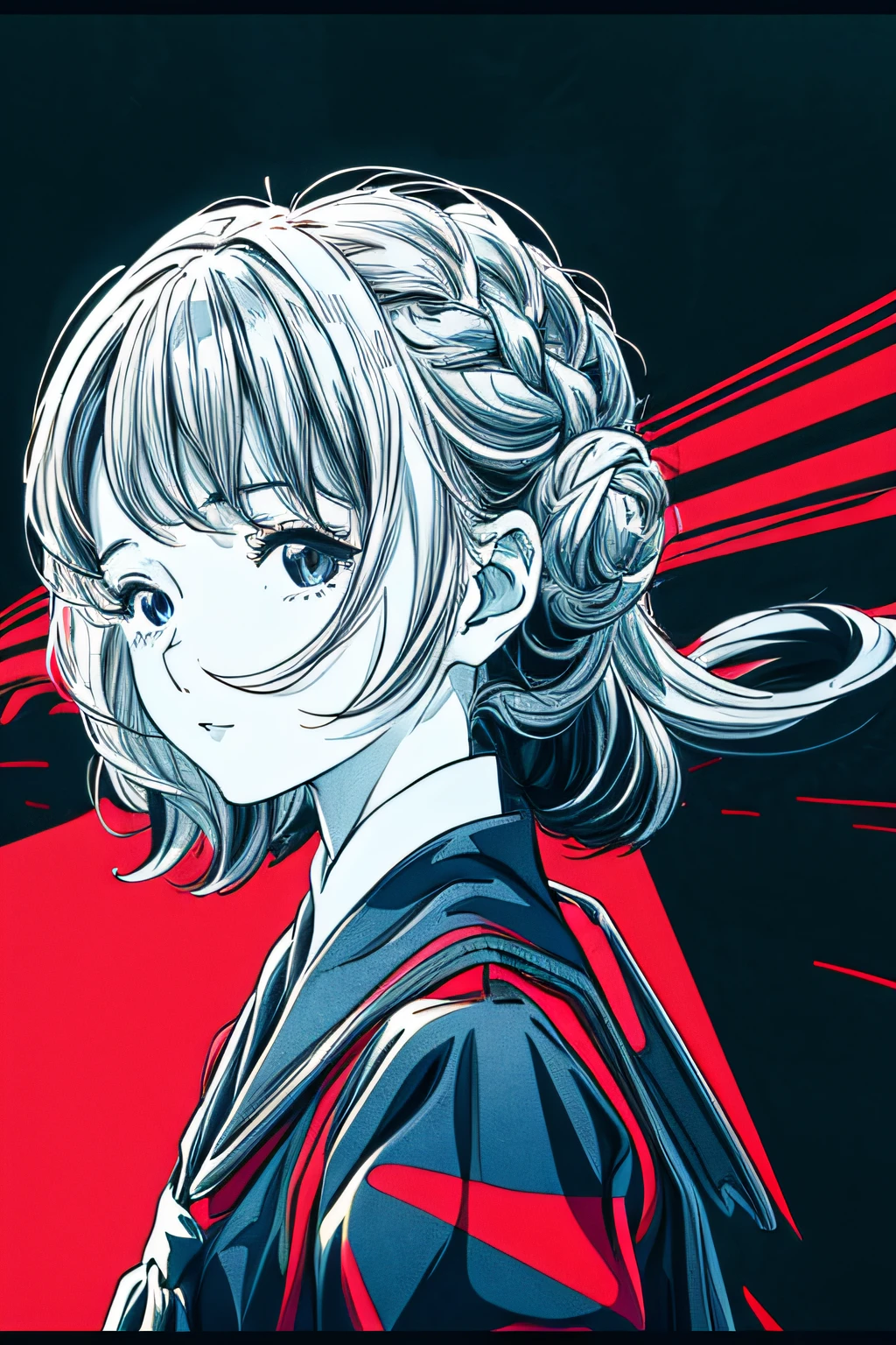 Solo_girl_hi-school girl、japanese hight school uniform,actionpose、cheerfully、Overflowing、ink art、((top-quality、8K、masterpiece:1.3))、(Clear focus:1.2)、(comic book style),(Pop),(linear art_Anime)、(PastelColors:1.2),((monotone_High Contrast Art:1.2))、flat chest、(the complex background:1.2),(Lola:add more details:1.2)、sharp outline、sharp lineart、Urban background、