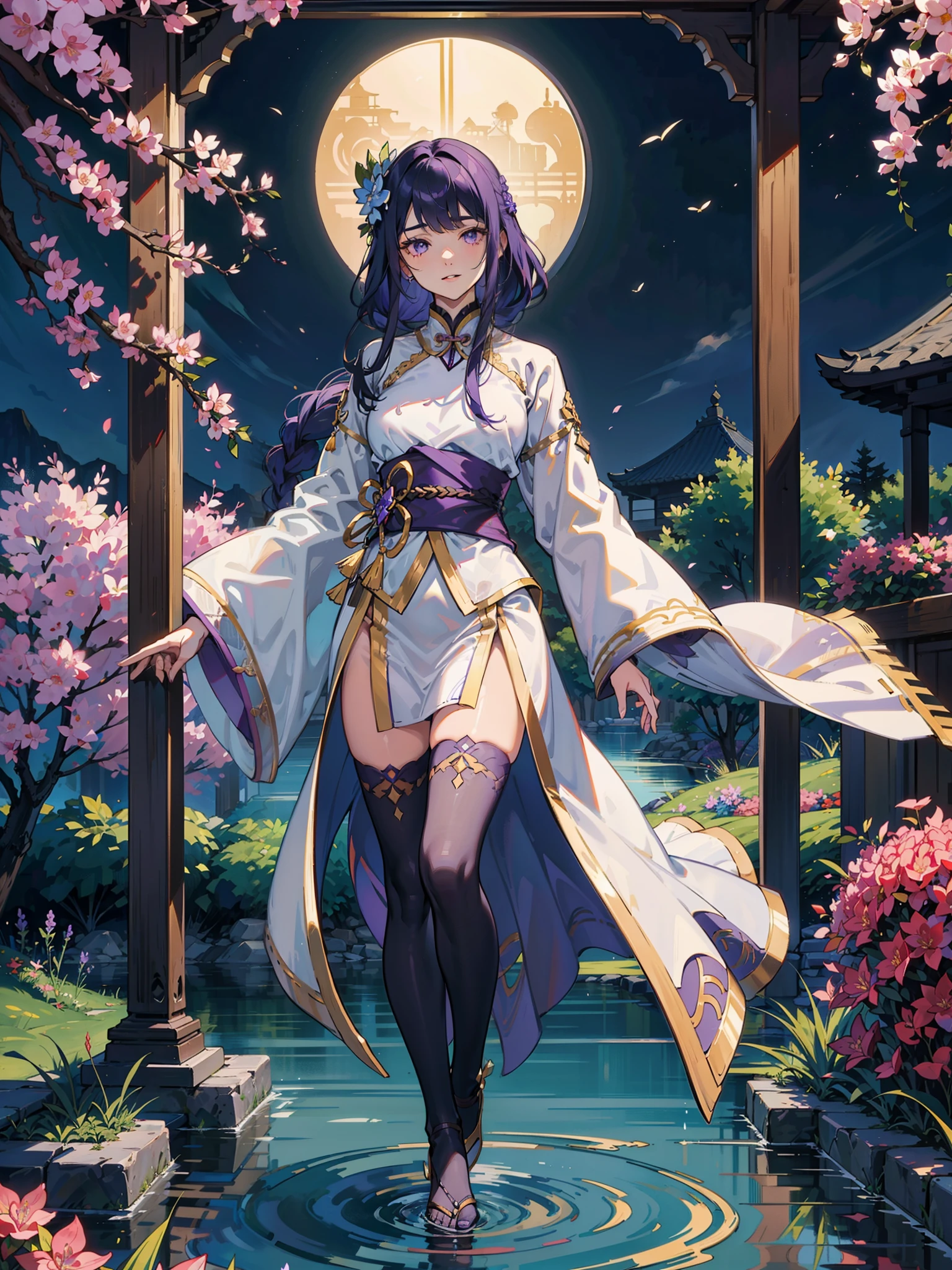 （8 k''，Optimal image quality），The perspective is from top to bottom，femele，Hand refinement，Black waist-length hair，Purple eyes full of love，Golden pupils，Pursed his lips，A shallow smile，The purple fringed shawl is decorated with a moire pattern of solid gold threads，White silk long-sleeved hanfu，Place your hands crossed over your abdomen，He wears an ice-blue moire jade bracelet on his wrist，Standing in the octagonal pavilion in the courtyard of the ancient house，Surrounded by rockeries and flowing water，The cobblestone path is surrounded by low lilac azaleas