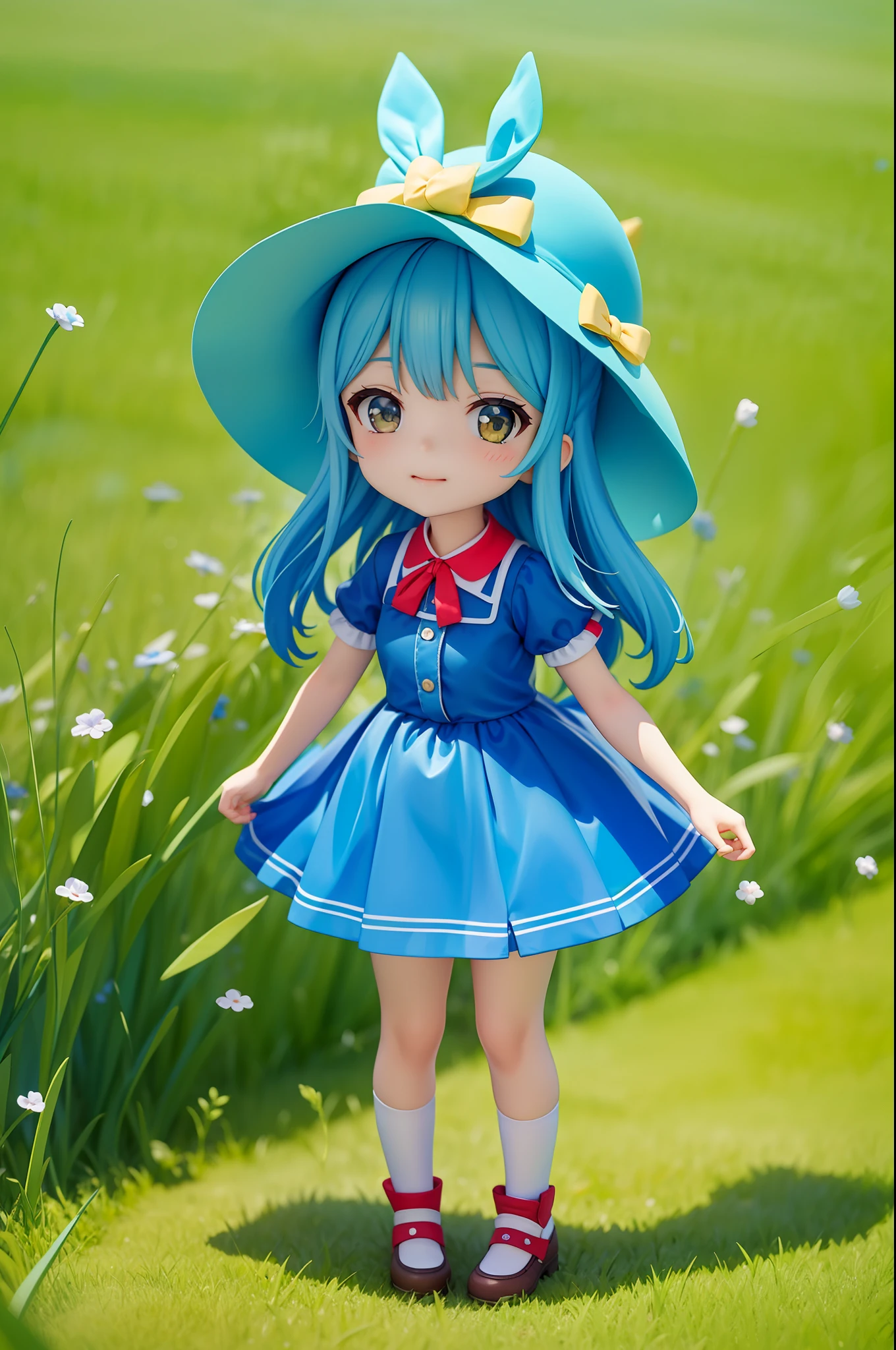 tchibi,Green meadow,bit girl,Blue clothes,Red Hat,Kaihuai