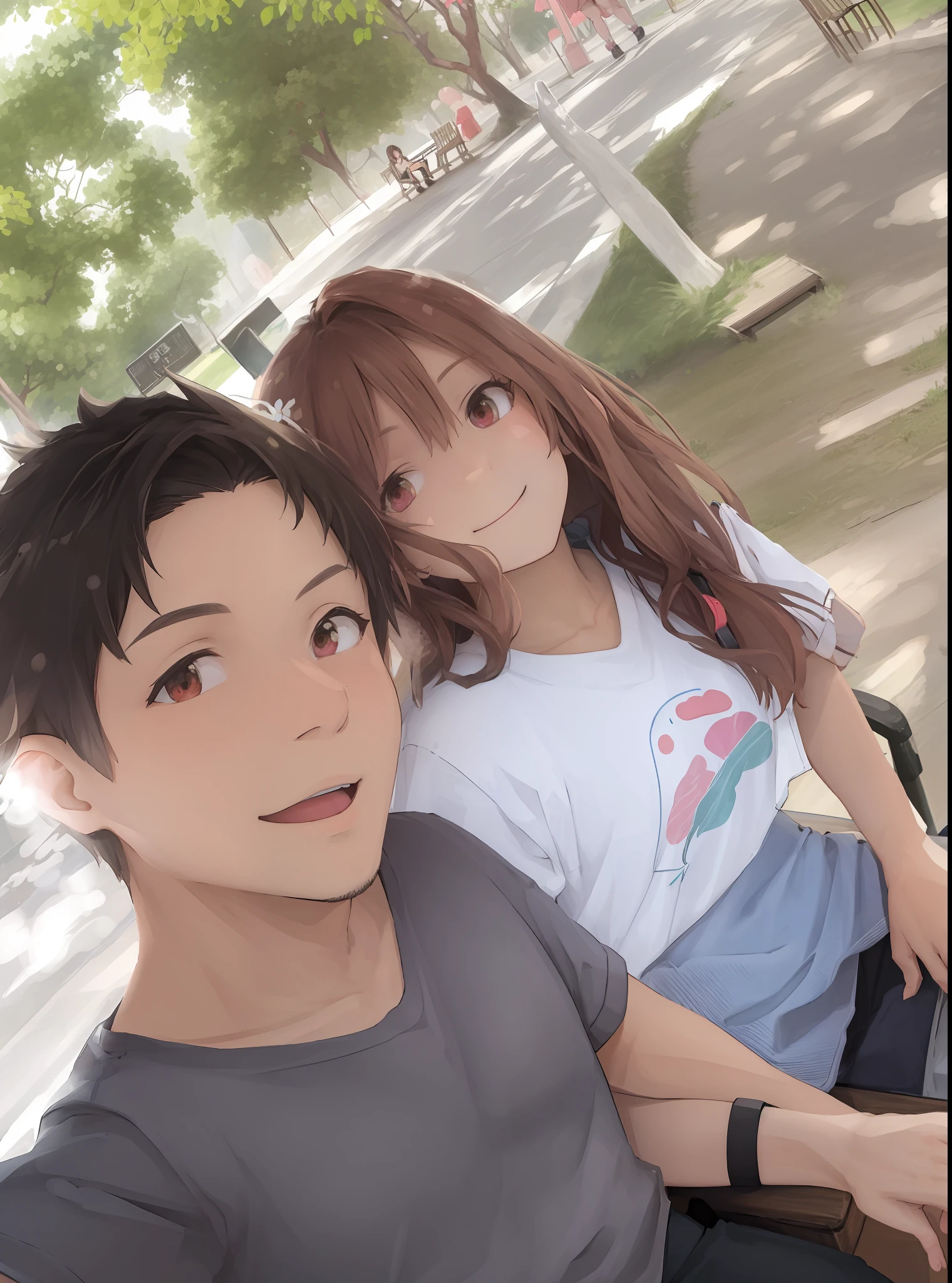 they are sitting on a bench in the park and taking a selfie, in a park, at a park, lovely couple, in a city park, park in background, couple, vacation photo, in sunny weather, happy couple, selfie photo, in love selfie, taken on go pro hero8, in the park, 8k selfie photograph, in city street