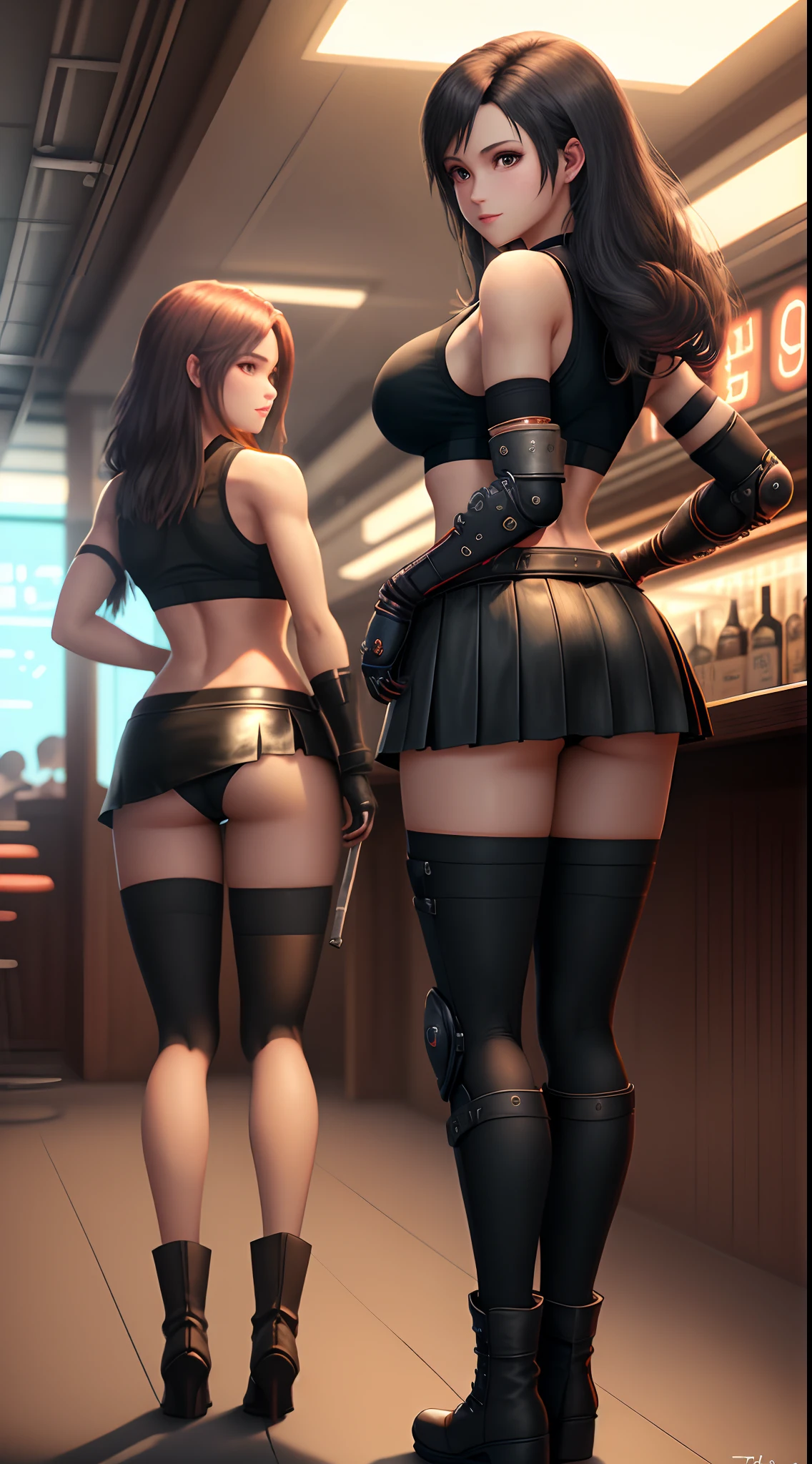 (8K, best qualtiy, tmasterpiece: 1.2), (realisticlying, realisticlying: 1.37), super detailing, one-girl, adolable, 独奏, (tifa lockhart: 1.3), (), (beautidful eyes), (ssmile: 1.2), depth of fields, Dark strong shadows, tack sharp focus, depth of fields, composition, Final Fantasy VII, date, (nose brush) BDSM, single elbow pad, Ankle boots, brunette color hair, (black short skirt,Black stockings), BDSM: 1.3, Red boots, gloves on the elbow, Fingerless gloves,Tight fitting shirts,Sports bra,(Black skirt in slip leather),Tsi-Hi,(Gilet blanc:1.3)),full bodyesbian,head rest,cparted lips,beauitful face,Low tie long hair,复杂,cinmatic lighting,photon maping,jukebox,Old bar,physically-based renderingt,(Tetsuya Nomura style),(huge tit,Big tits,big breasts thin waist),((White string panties)),(petty face),(nasty body:1.4),stand posture,(Big breasts sticking out in front: 1.5)flirt,(ssmile:1.2),(hips focus:1.5),From the bottom,(Lazy location),(Protruding Buttocks:1.3),(from back:1.5),(Raised from skirt),