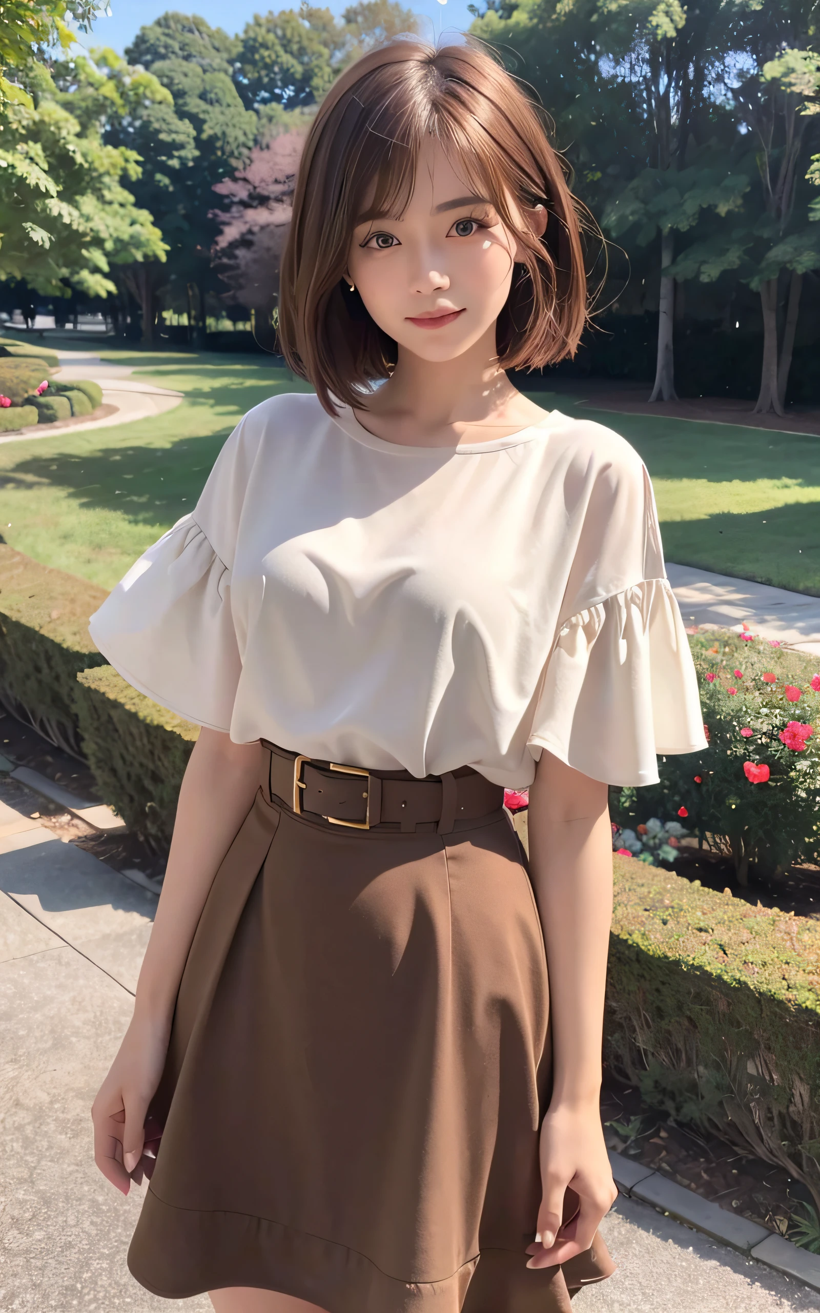 ((top-quality、8k masterpieces:1.3))、(ultra beautiful faces:1.0)、(shinny skin:1.0)、photos realistic、Brown hair, Short bob hair, layers-Cut, Hair swaying in the wind, Video Lighting、High-definition eyes and face、Silk Color Blouse、Skirt, 1 japanese girl, Neat and clean beauty, Cute, from the front side、medium breasts、A slight smile, Forest lake with morning mist
