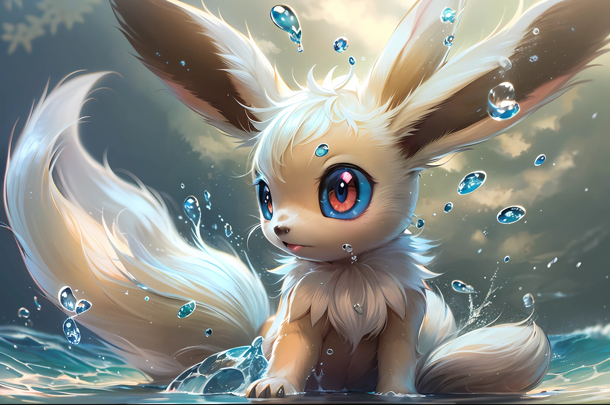 ((a water eevee pokemon)), (water attribute), small and cute, (gradient eye colors), (bright and clear eye) ,play in the ocean ,anime style, depth of field, cinematic lighting, god rays, ray tracing, reflection light, glowing light, from side, close-up, masterpiece, best quality, highres, super detail, anatomically correct, UHD, textured skin