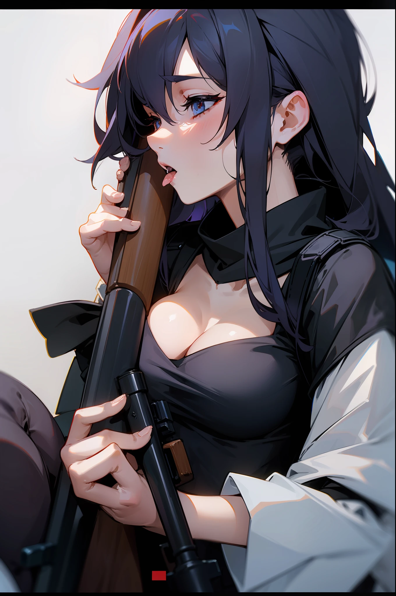 An enchanting and seductive waifu sensually licking a sniper rifle.