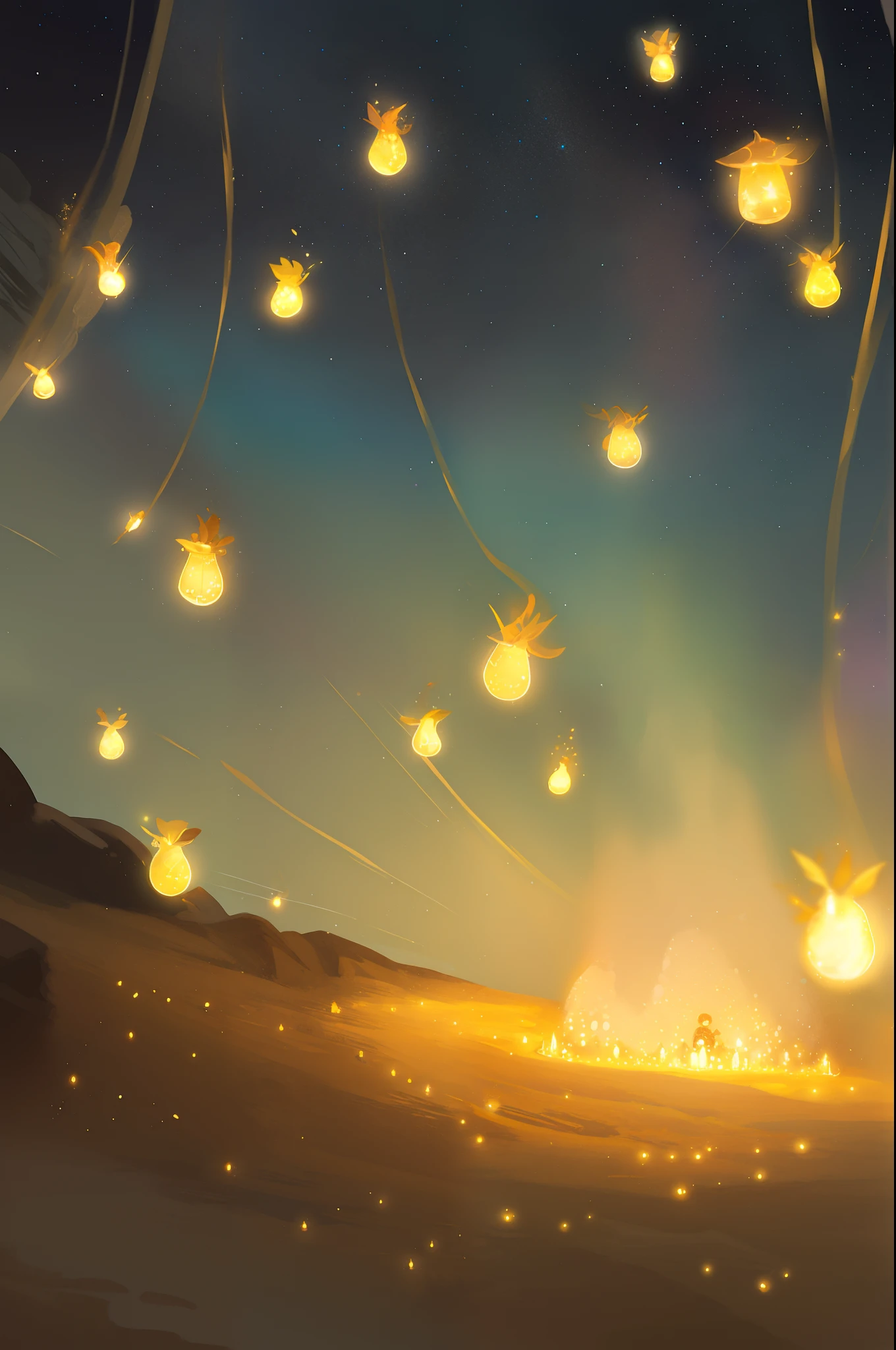 draw an ice cave,surrounded by fireflies shining like little lights.