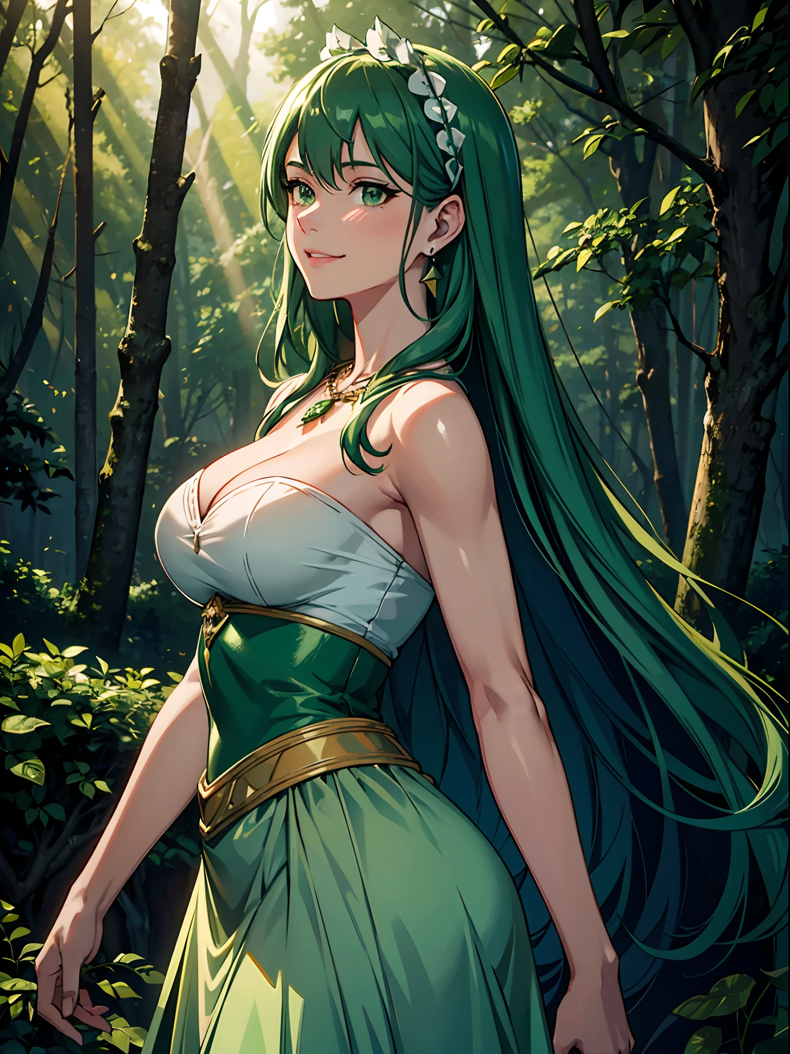 beautiful woman in forest, tall trees, from below, dark green eye, smiling, blushing, sunlight filtering through trees, {{masterpiece, best quality, ultra detailed}}, cinematic lighting, detailed shadow, illustration, high-res , long hair, A demure and subtle dress with modest exposure, shiny skin, deep green hair, hair accessories, necklace, earring, sharp focus, more_details:0.5, dynamic angle, dynamic pose