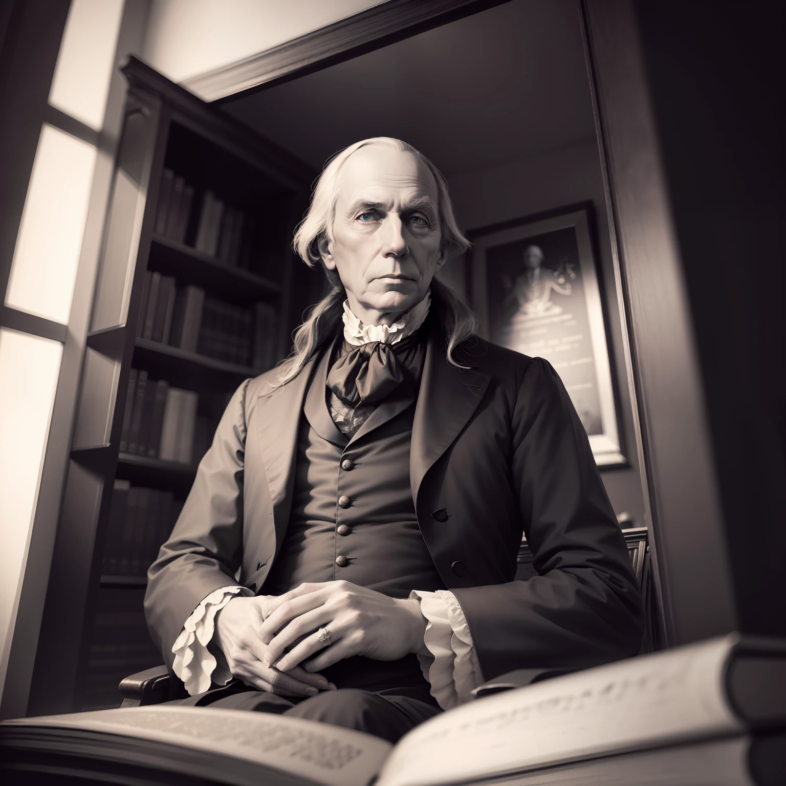 portrait of united states president James Madison, in front of a bookcase, shallow depth of field, high contrast, vibrant colors, captured with a Nikon D850 camera and a 1.8 85mm lens.