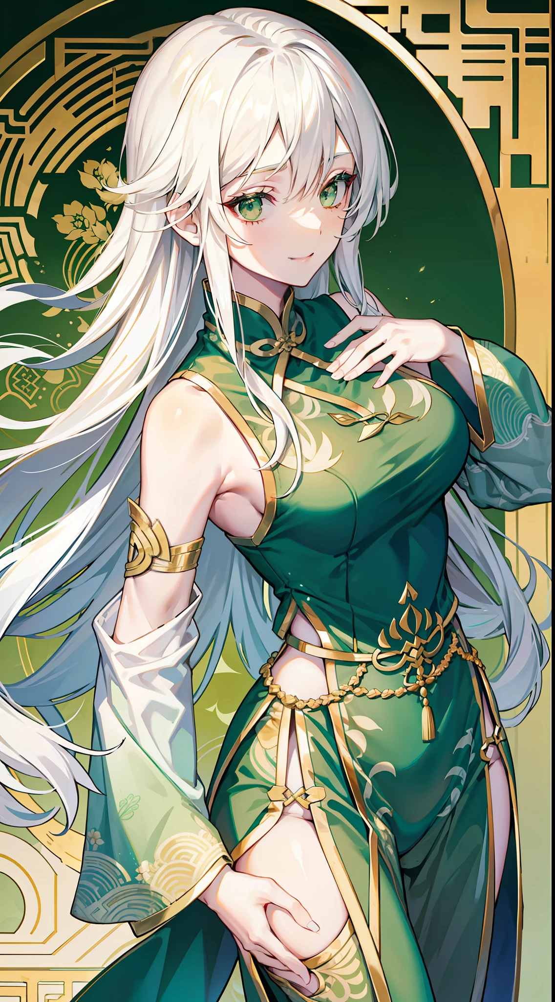 Adult woman, Long white hair, Green eyes, Green Chinese tight top, Chinese beautiful patterns, neckline on the chest, open breasts, baggy pants, Gold Elements, ssmile, Masterpiece, hiquality