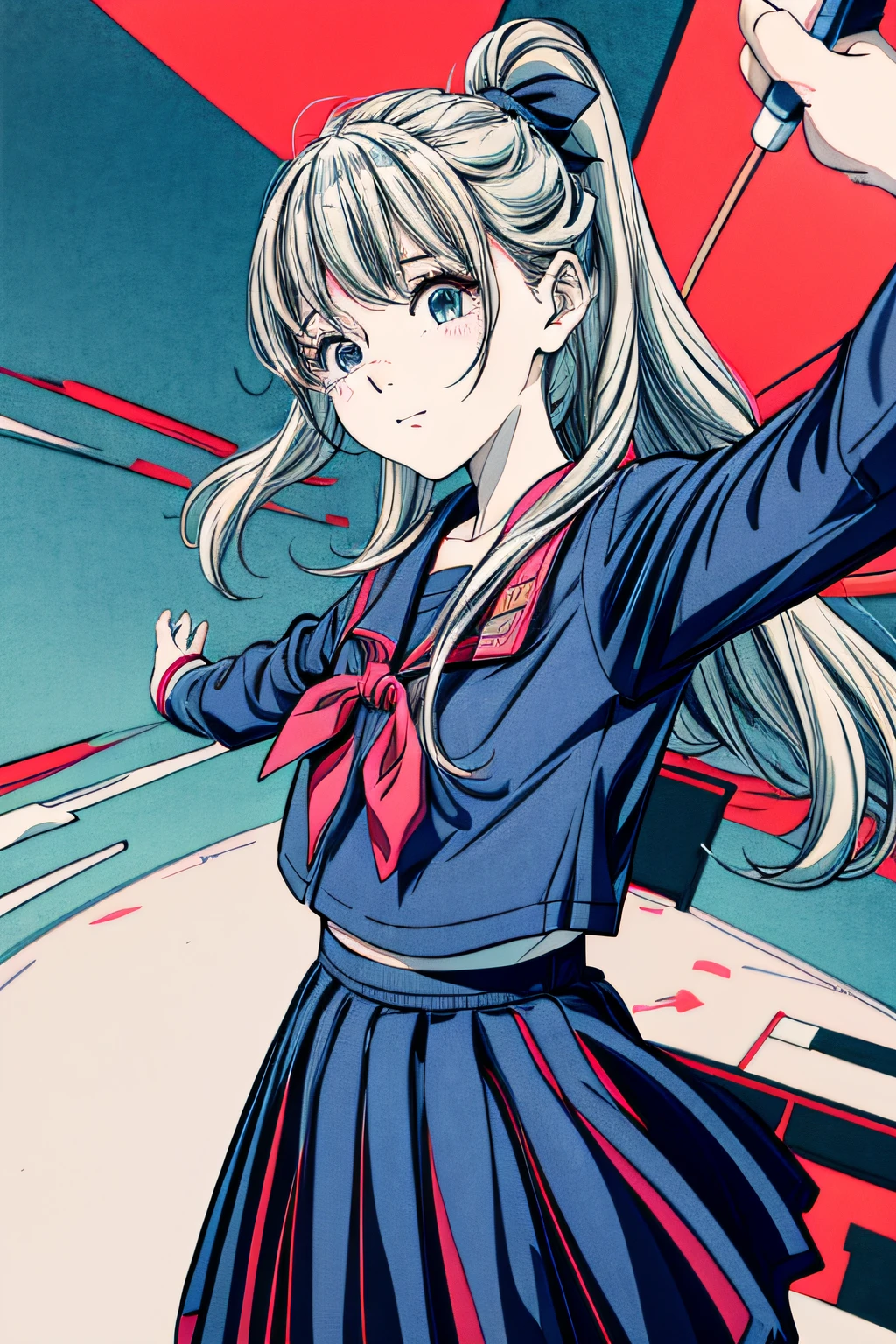 Solo_girl_hi-school girl、japanese hight school uniform,actionpose、cheerfully、Overflowing、ink art、((top-quality、8K、masterpiece:1.3))、(Clear focus:1.2)、(comic book style),(Pop),(linear art_Anime)、(PastelColors:1.2),((monotone_High Contrast Art:1.2))、flat chest、(the complex background:1.2),(Lola:add more details:1.2)、sharp outline、sharp lineart、Urban background、