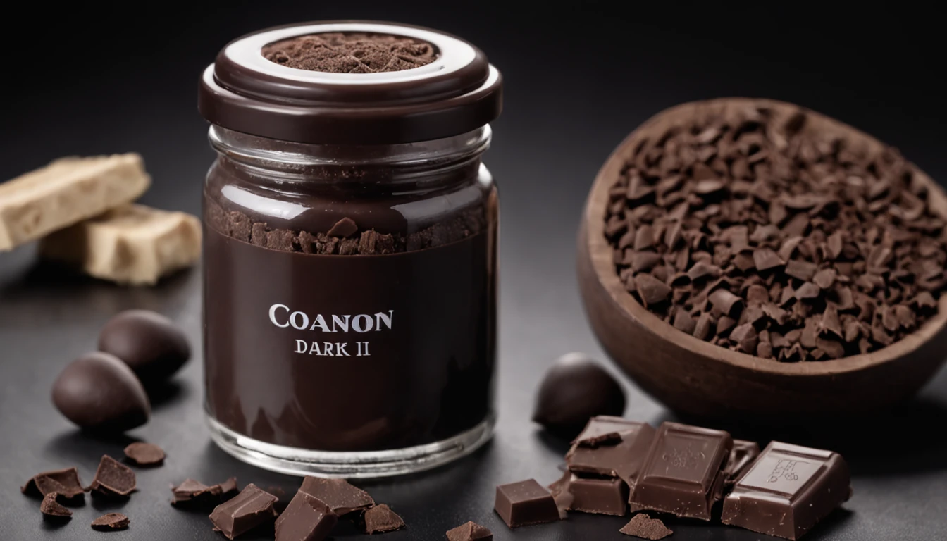 dark chocolate, A dark, compact bar that exhibits a deep, almost black hue. Its surface is smooth and shiny to the touch, reflecting light smoothly. When you break a piece, it breaks away with a crisp sound, revealing a dense, opaque interior, highly detailed in a delicate glass jar with fancy details, 4k.