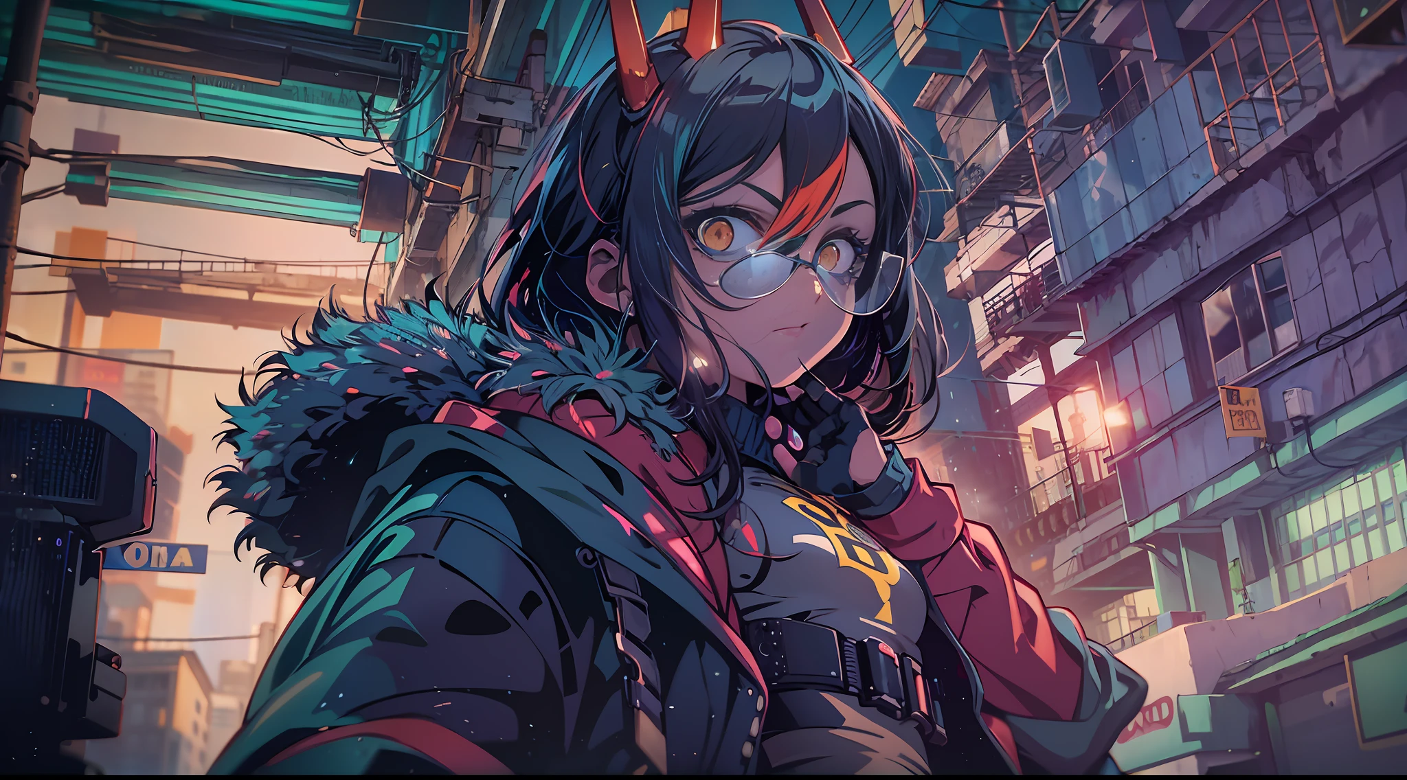 Noite, Fundo colorido da cidade cyberpunk, menina de rua,power,chainsaw man, olhos brilhantes, retroiluminado, brilhar, Surveying the audience, Low angle lens, olhando para cima lente, perfect composition, delicadeza perfeita de luz e sombra, 8k