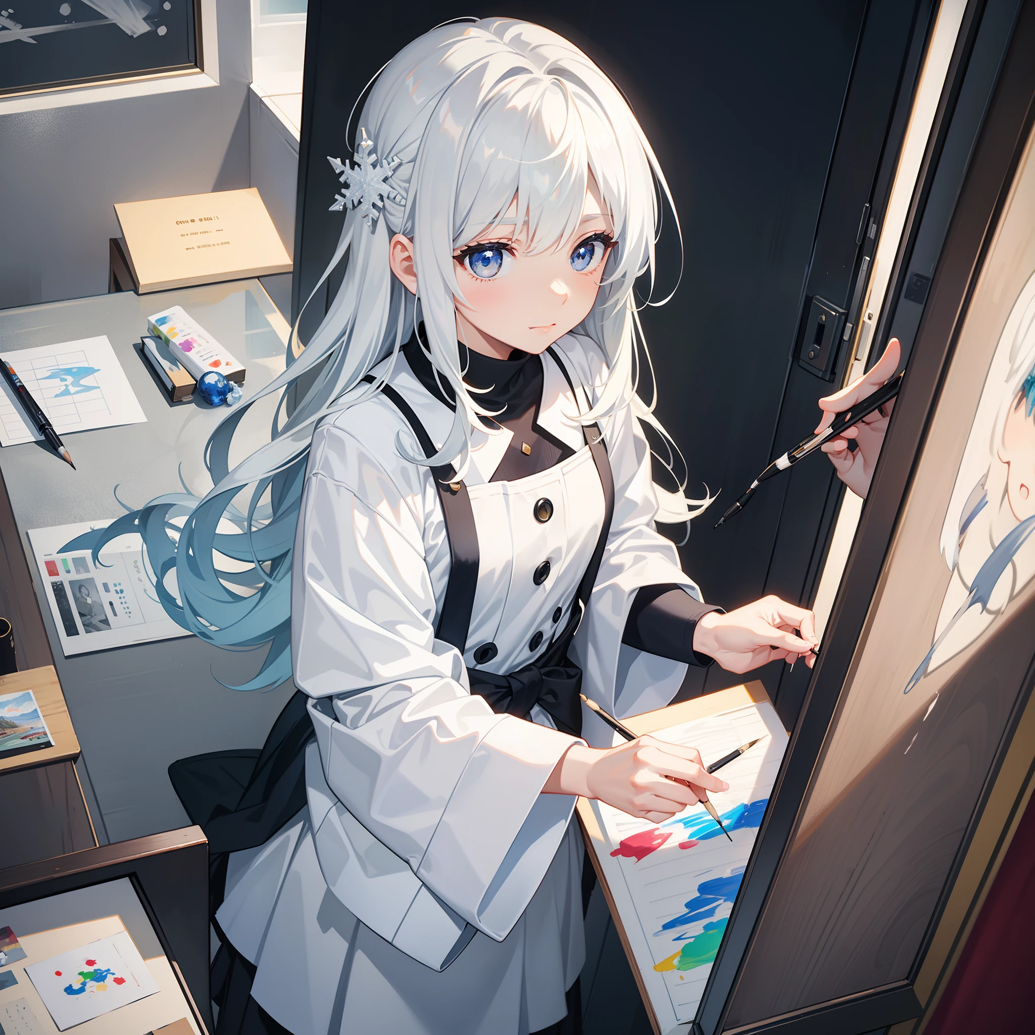 As soon as I walked in the door, I saw a short silver-white haircut,Girl with snowflake eyes,She had a snowflake hairpin stuck on her head,Very cute look,in school uniform,She enjoyed humming songs on the side,While painting,A look of enjoyment appears on his face,Very engaged in drawing on the drawing board,Surrounded by various painting tools and colored paints。