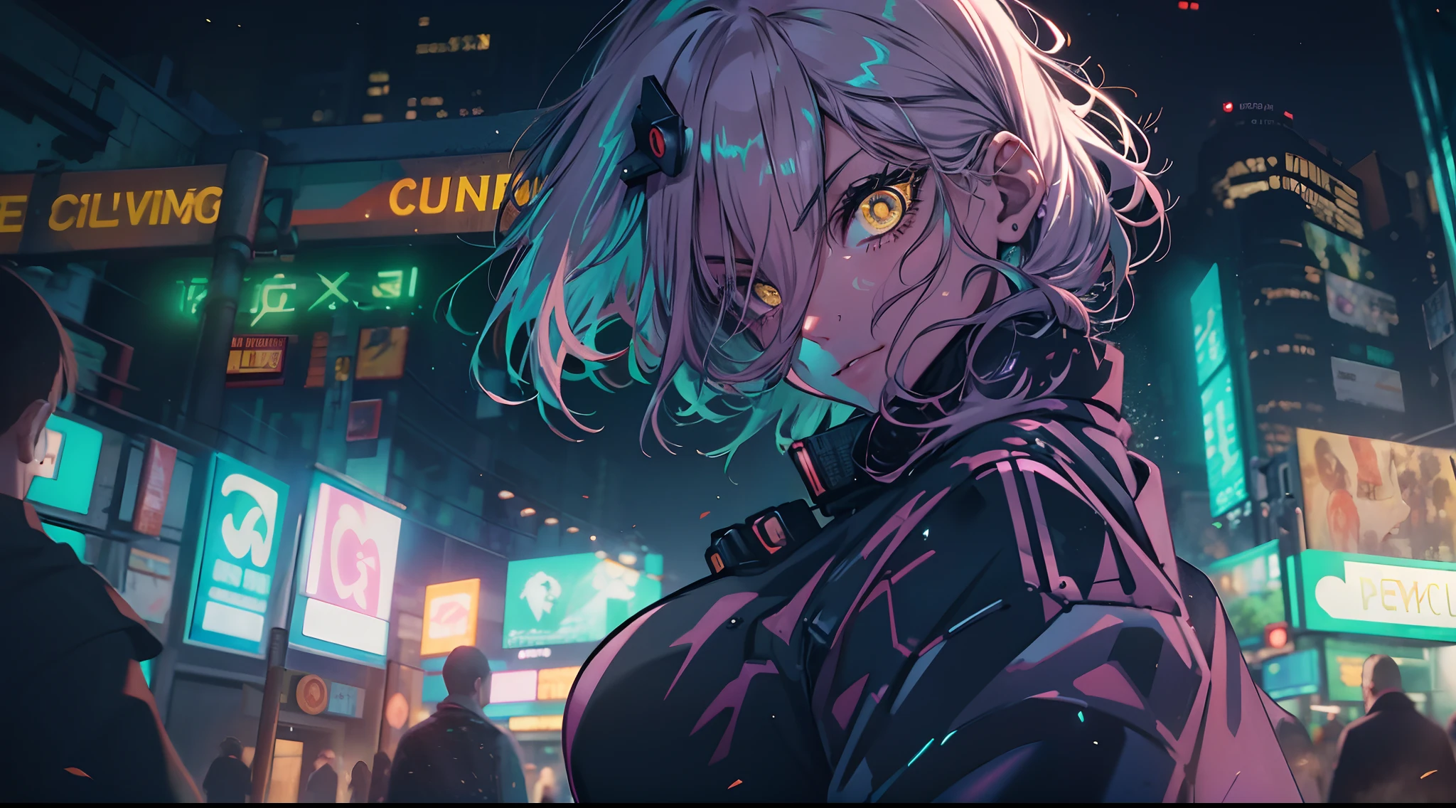 Noite, Fundo colorido da cidade cyberpunk, menina de rua,power,chainsaw man, olhos brilhantes, retroiluminado, brilhar, Surveying the audience, Low angle lens, olhando para cima lente, perfect composition, delicadeza perfeita de luz e sombra, 8k