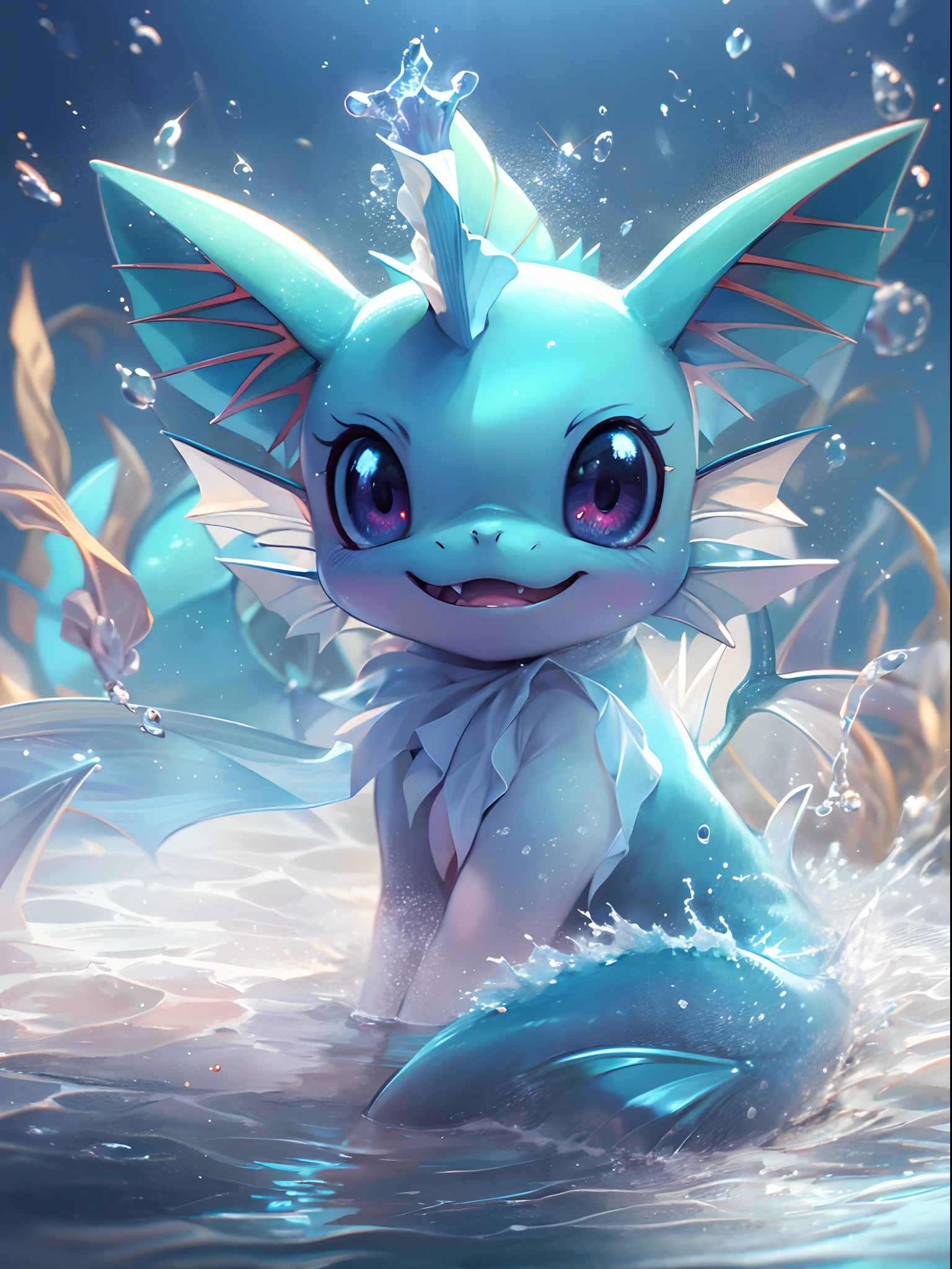 ((a Vaporeon pokemon)), (water attribute) , small and cute, (gradient eye colors), (bright and clear eye) ,play in the ocean ,anime style, depth of field, cinematic lighting, god rays, ray tracing, reflection light, glowing light, from side, close-up, masterpiece, best quality, highres, super detail, anatomically correct, UHD, textured skin