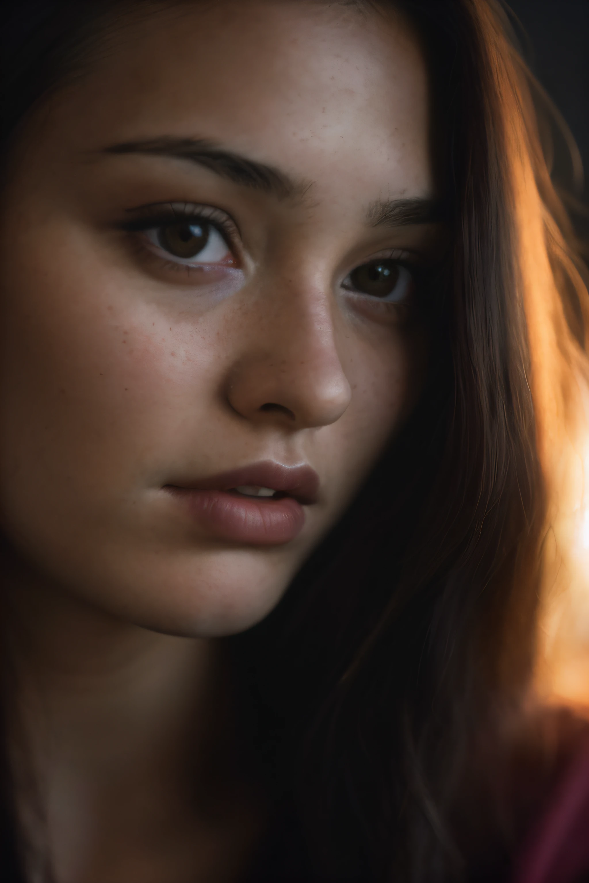 (close-up, editorial photograph of a 21 year old woman), (highly detailed face:1.4) (smile:0.7) (background inside dark, moody, private study:1.3) POV, by lee jeffries, nikon d850, film stock photograph ,4 kodak portra 400 ,camera f1.6 lens ,rich colors ,hyper realistic ,lifelike texture, dramatic lighting , cinestill 800,