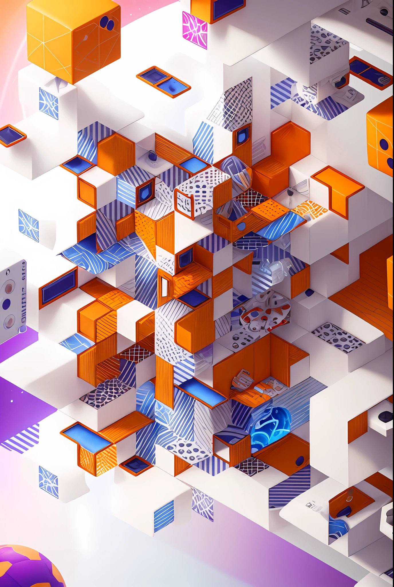 Floating white glass space station,It is a center of entertainment and entertainment. The station floats in the blanks,Surrounded by planets representing music, lifestyle, Games and entertainment. Yellow, Orange, Red, Pink, purple, Blue gradient on white background - style original 50 --s 2