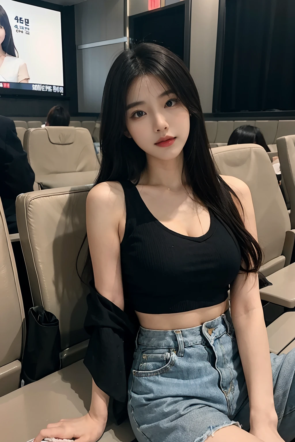 4K refined facial features，Korean girl standing in a movie theater，Shorts，shorter pants，Sit in different places，Spread your legs，cleavage