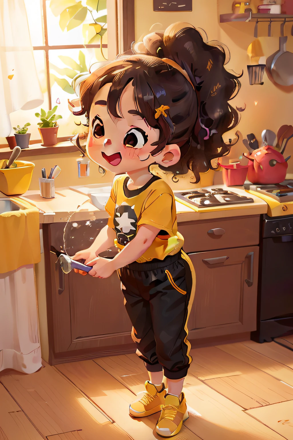Cheerful, smart little girl, age 7, curly hair, ponytail, vibrant, curious eyes, black jumpsuit, yellow t-shirt, yellow sneakers, helping in the kitchen