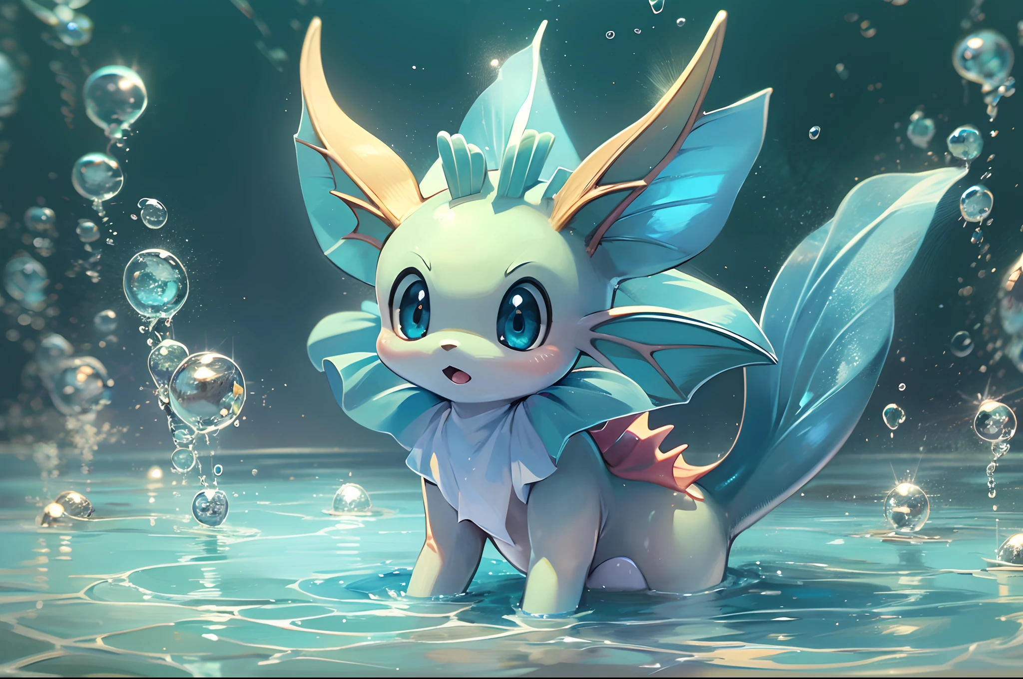 ((a Vaporeon pokemon)), (water attribute) , small and cute, with fins, (gradient eye colors), (bright and clear eye) ,play in the ocean ,anime style, depth of field, cinematic lighting, god rays, ray tracing, reflection light, glowing light, from side, close-up, masterpiece, best quality, highres, super detail, anatomically correct, UHD, textured skin