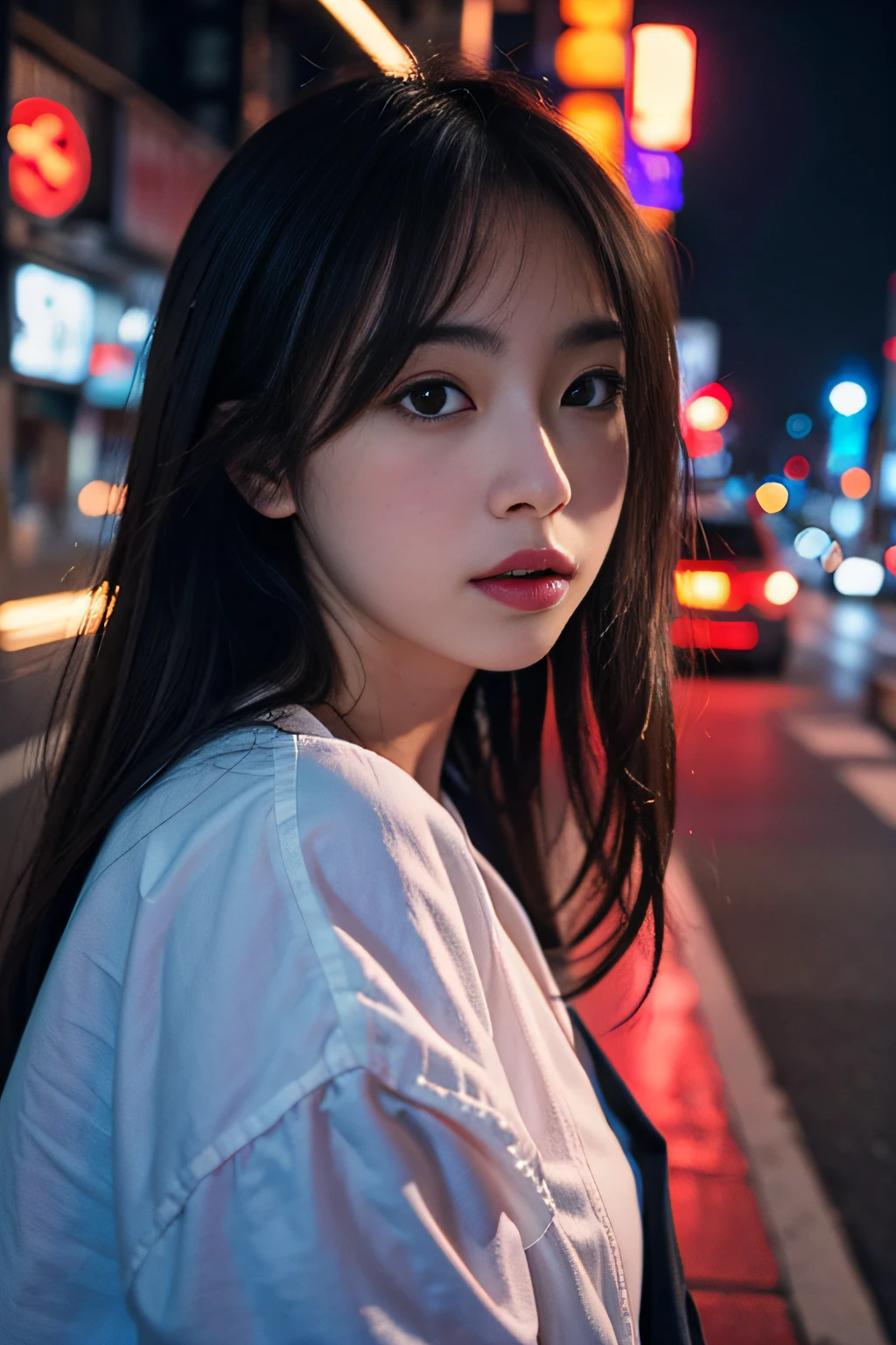 1girl, Tokyo street,night, cityscape,city lights, upper body,close-up, 8k, RAW photo, best quality, masterpiece,realistic, photo-realistic,