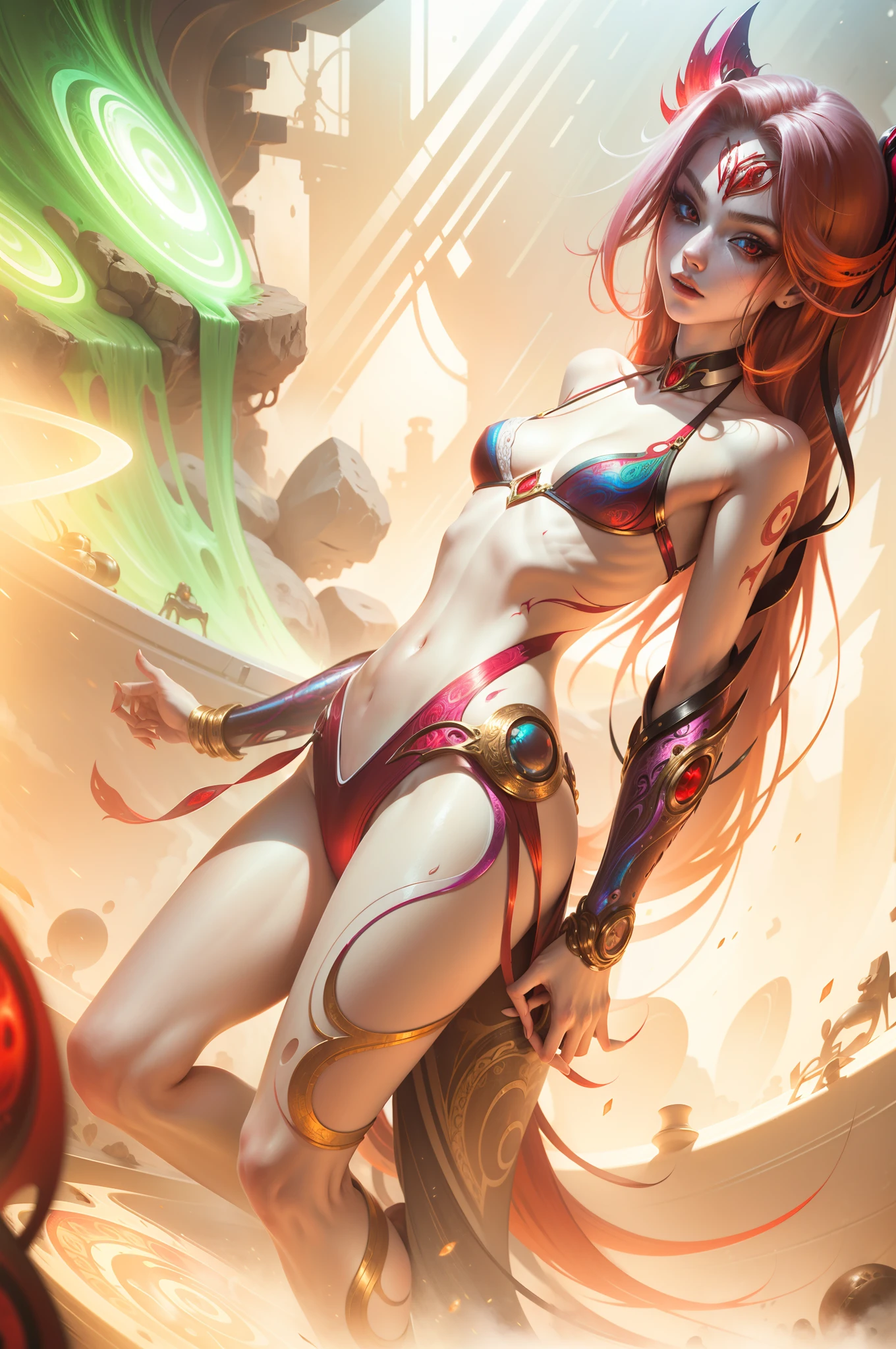 Masterpiece, Best Quality, Girls, Slender, Red Eyes, Hair Color, Iridescent, Long Hair Spreading, White Skin, Medium, Cute, Sexy, Near Future, Bikini, Exposed Skin, Night, Psychedelic, Trip, Extreme Color, Paisley Theme, Open Legs, Mechanical Left Arm, Full Body