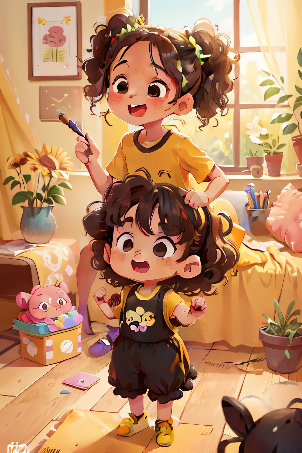 Cheerful, smart little girl, age 7, curly hair, ponytail, vibrant, curious eyes, black jumpsuit, yellow t-shirt, yellow sneakers, kissing her mom at home, mom wearing a long flower dress