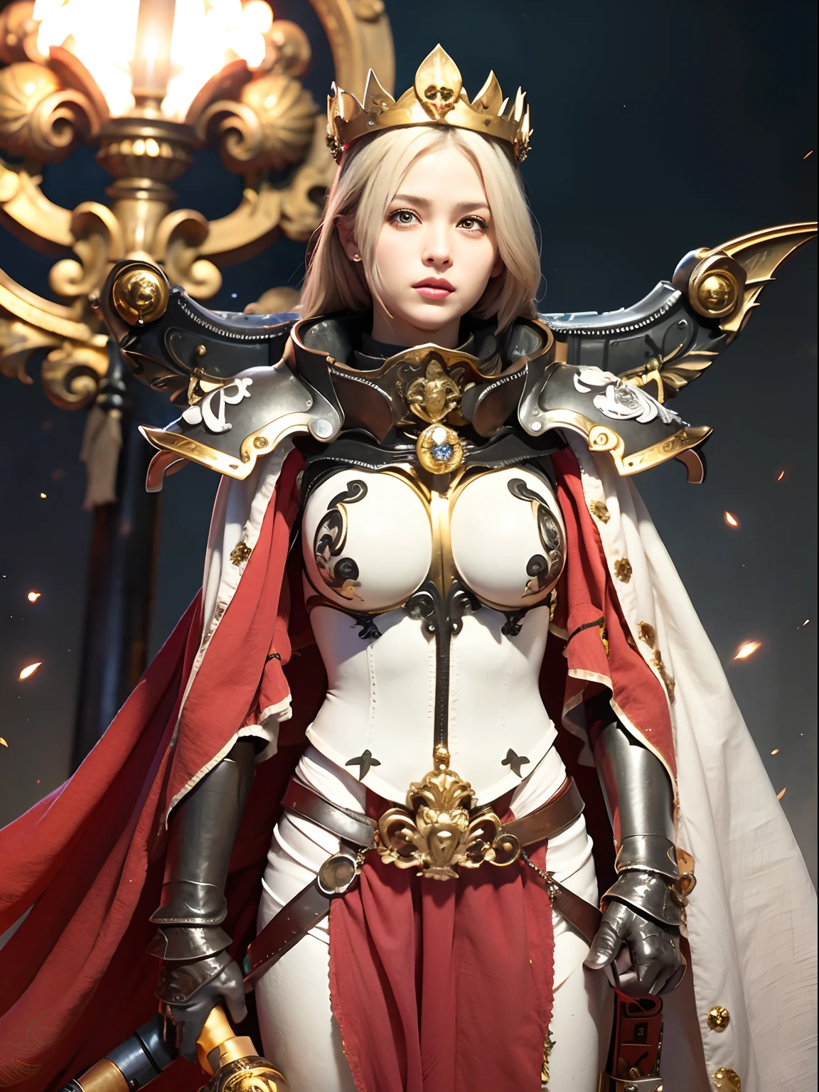 Professional , ​masterpiece、top-quality、photos realistic , depth of fields 、(A dark-haired) 、（Gemstone White Metal Body:1.９),(Matte White、Jewel Gold Weapon（Jewel Metal Body:1.４),Gorgeous metal weapons ,（（ Detailed and gorgeous sword of the brave）） ,Light Effects、intense fighting、Wind-effect、magic circles、 (A dark-haired)  ,warhammer 40k ,Detail and ornate jewel crown、（（Micro Bikini Armor））、（（Gangle's forest background））、Beautiful Caucasian beauty、１a person、dynamic ungle,(((Detailed and ornate diamond crown)))、Smaller head、A smile、Background inside the castle、Thin and beautiful female hands、cleavage of the breast、Soldier in iron armor on background、Mystical expression、Light Effects、intense fighting、Wind-effect、magic circles、With the legendary magic wand、（wings of light）、Toostock、Anatomically correct body、