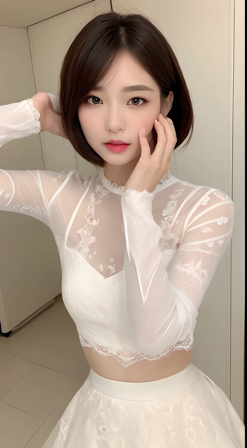((top-quality、8K、masterpiece:1.3))、realskin、Marble background、FULL BODYSHOT、女の子1人、Beautiful woman with slender abs:1.3、(Very short hair、爆乳:1.2)、sexy facial expression、big eye、Long Sleeve White Lace High Neck Shirt:1.1、hyperdetailed face、A detailed eye、Double eyelid hands on face、Korean Beauties、White lace skirt、piercings、beautiful and long legs、high-heels、Walking