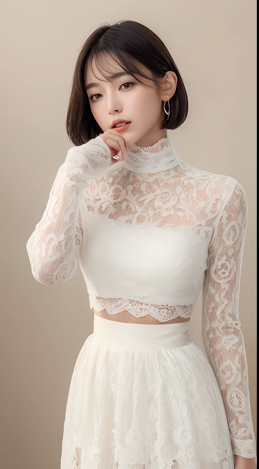 ((top-quality、8K、masterpiece:1.3))、realskin、Marble background、FULL BODYSHOT、1人、Beautiful woman with slender abs:1.3、(Very short hair、爆乳:1.2)、sexy facial expression、big eye、Long Sleeve White Lace High Neck Shirt:1.1、hyperdetailed face、A detailed eye、Double eyelid hands on face、Korean Beauties、White lace skirt、piercings、beautiful and long legs、high-heels、Walking