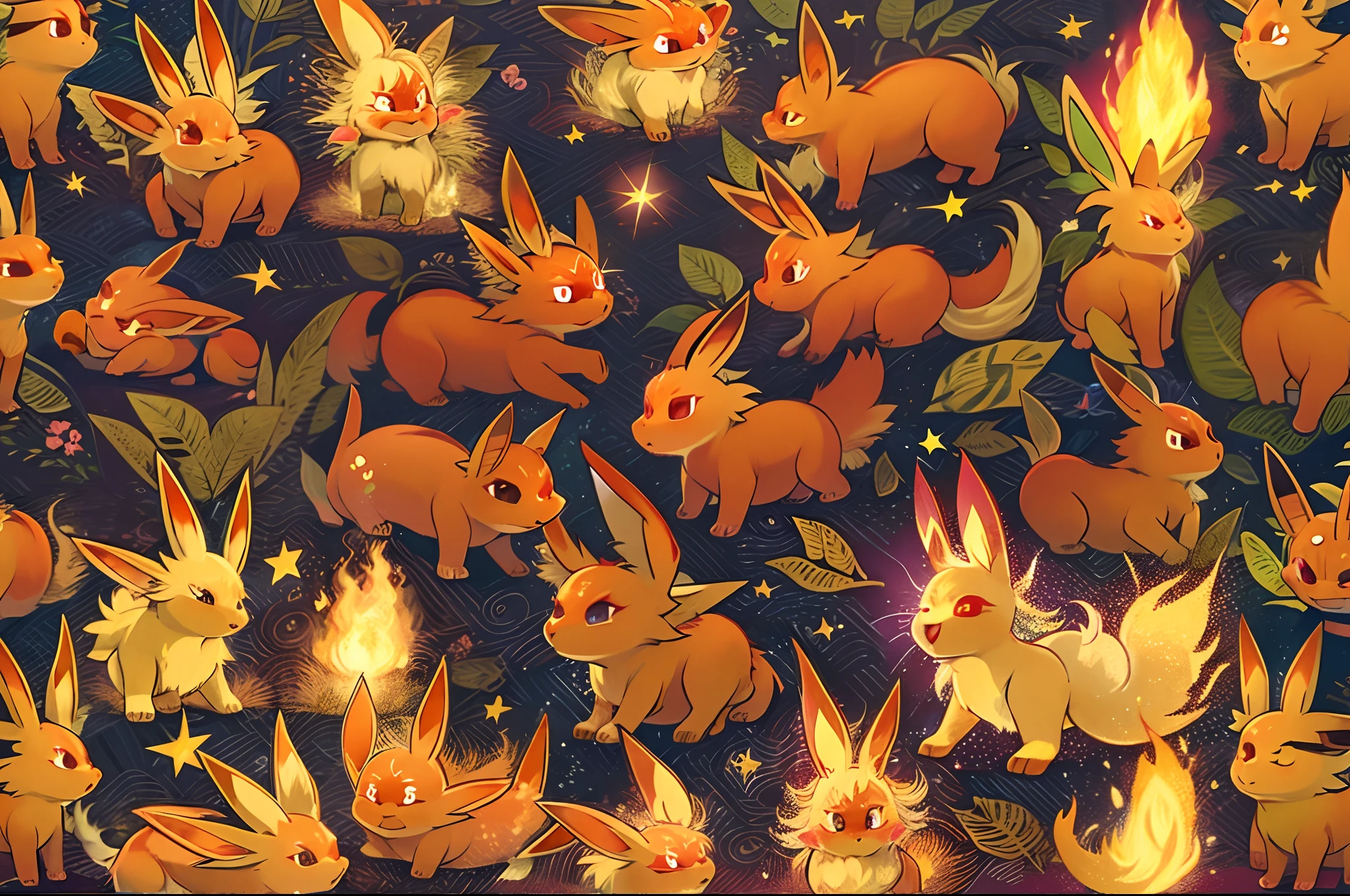 ((a Flareon pokemon)), (fire attribute) , small and cute, (gradient eye colors), (bright and clear eye) ,play around the fire ,anime style, depth of field, cinematic lighting, god rays, ray tracing, reflection light, glowing light, from side, close-up, masterpiece, best quality, highres, super detail, anatomically correct, UHD, textured skin