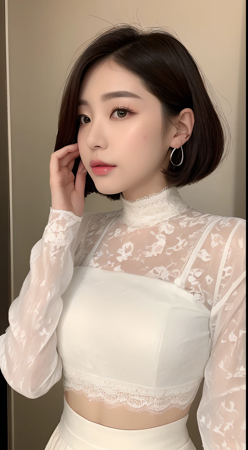 ((top-quality、8K、masterpiece:1.3))、realskin、Marble background、FULL BODYSHOT、女の子1人、Beautiful woman with slender abs:1.3、(Very short hair、爆乳:1.2)、sexy facial expression、big eye、Long Sleeve White Lace High Neck Shirt:1.1、hyperdetailed face、A detailed eye、Double eyelid hands on face、Korean Beauties、White lace skirt、piercings、beautiful and long legs、high-heels、Walking