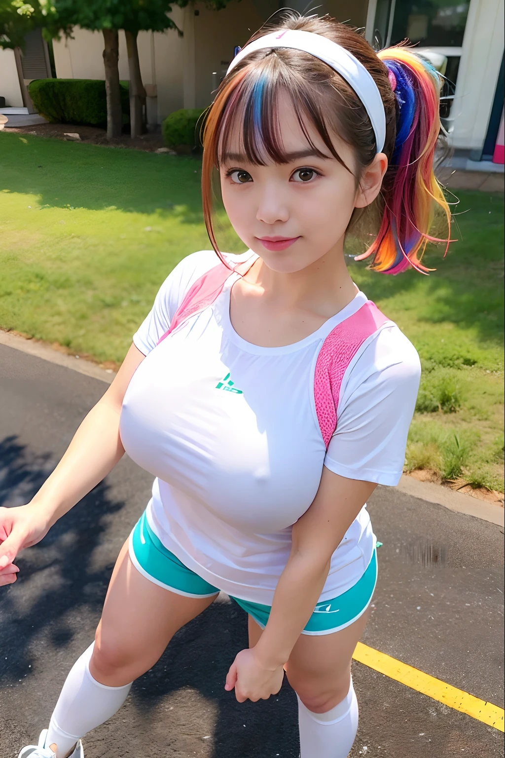 (fulcolor:1.6)、(White gym clothes with short sleeves:1.3)、Bloomer、Bib、(Face Focus), , (cute Japanese girls), full body Esbian、(ultra gigantic tits:1.1)、hair scrunchie, Smile,  (highlydetailed skin),  Thin waist circumference、 (very detailed lips), (Best Quality:1.0), (超A high resolution:1.0) ,(photographrealistic:1.2), (ultra-detailliert:1.0), (8k RAW photo:1.1)