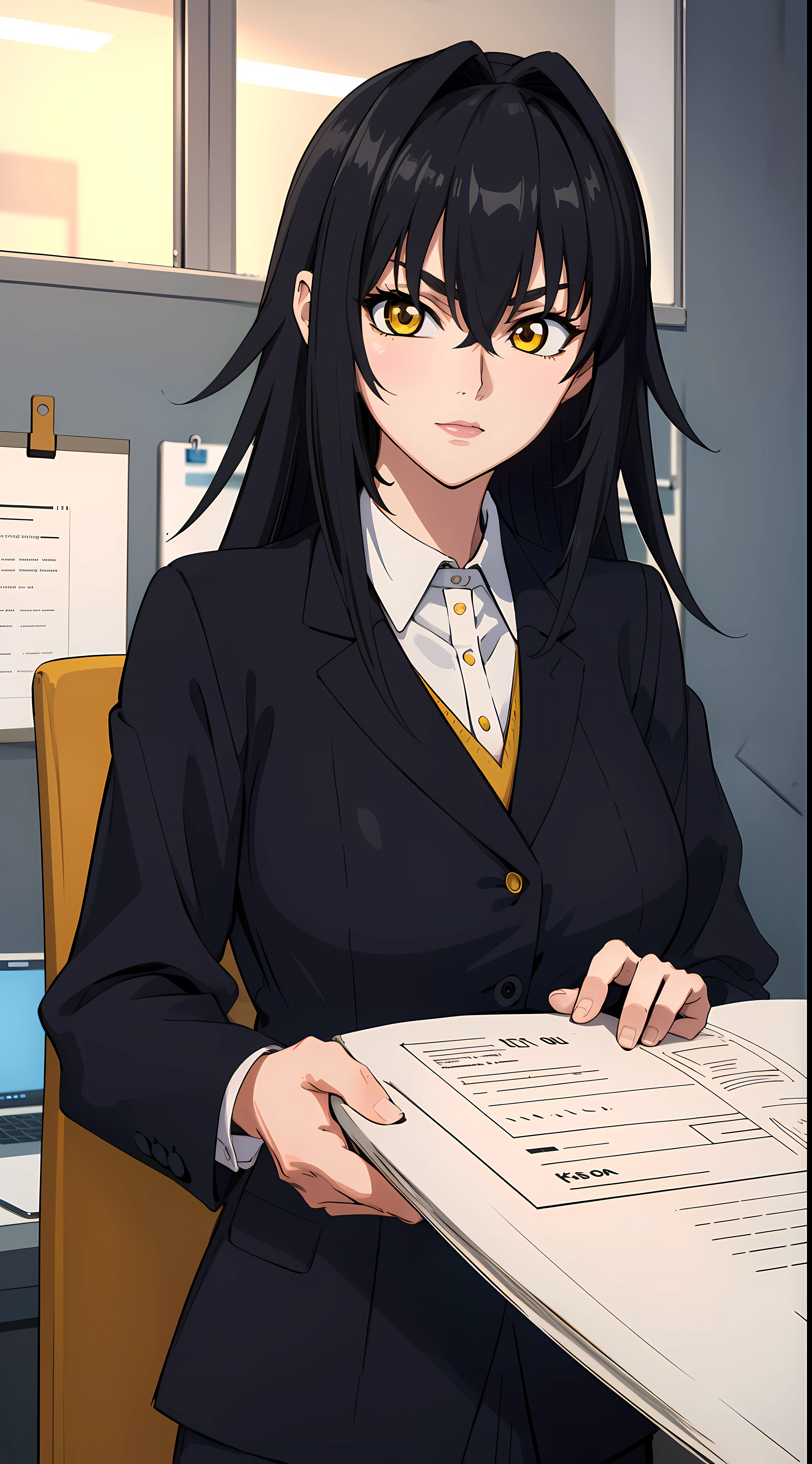 professional artwork, Intricate Details, field of view, sharp focus, detailed painting, photorealistic lighting, trending on pixiv,(masterpiece:1.0),(best_quality:1.0), ultra high res, ultra-detailed, photography, 8K, HDR, highres, absurdres:1.2, Kodak portra 400, film grain, sharp focus, bokeh:1.2, lens flare, (vibrant_color:1.2), (((indoors, dark night district))), Annerose, 1girl, female mature, ((long hair, black hair:1.4)), (yellow eyes), large breasts, ((formal clothes, office suit:1.4)), soft skin, hair intakes, (solo:1.4), (upper body, half body shot, caring), confident, energetic
