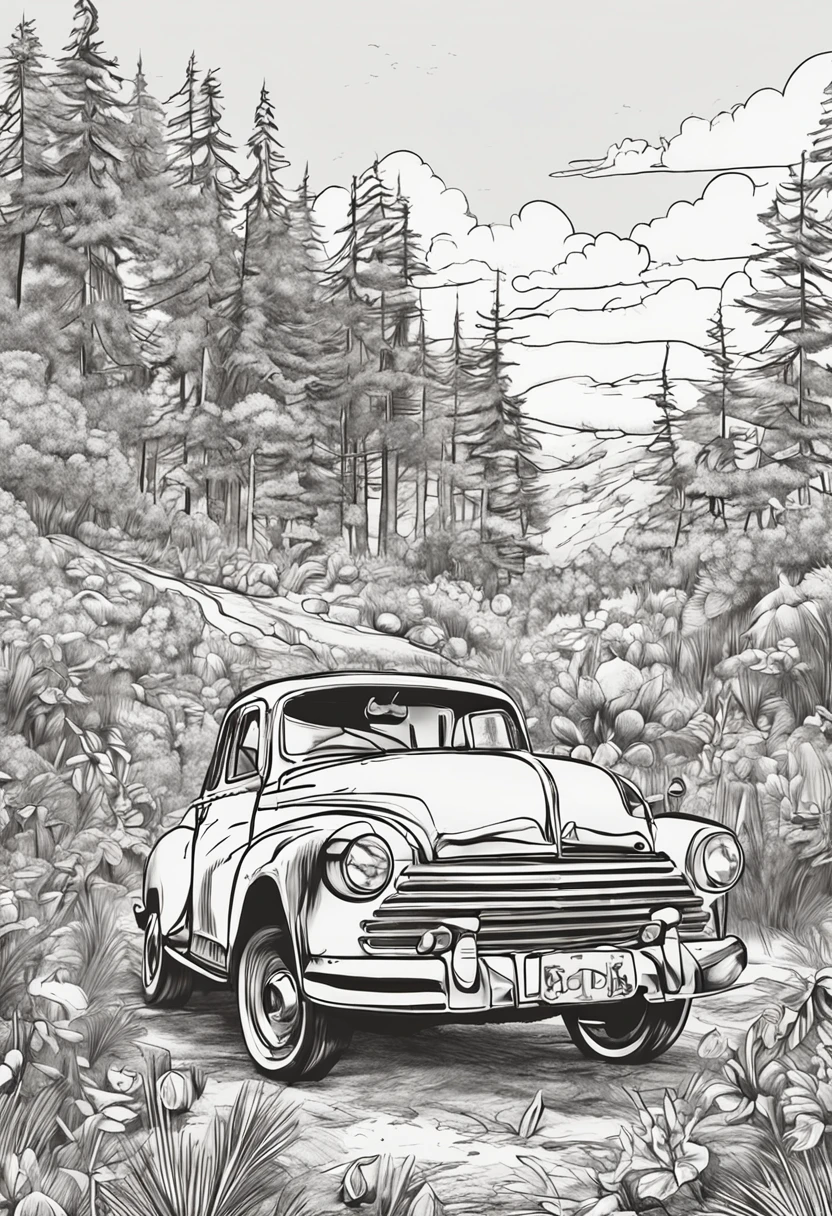 Desenhos de Car para colorir, com uma floresta no fundo