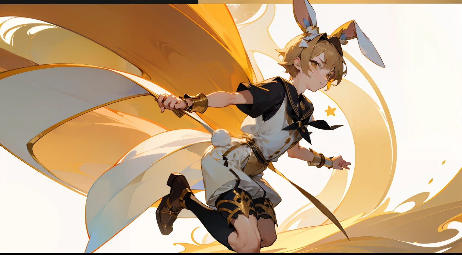[ character design ], male character, dark blonde hair, brown eyes, interesting character design, very stylized character design, high quality character design, detailed character design, stylized character design, great character design, shota, male, boy, sailor, cute style, highly detailed outfit, shorts, badges, bunny, rabbit, sailor hat, antique, effeminate, lace, ruffles, tights, designs on tights, garter belts, short boy, anime boy, cute boy, frontage，Lateral face, lovely boy, perfect face, detailed eyes, many accessories, gold motifs, white motifs, elegant, flowing accessories, cute boy, brass accessories, wrist cuffs, large accessories, magic, bold background, golden, bokeh, slim, skinny, splash art, gacha splash